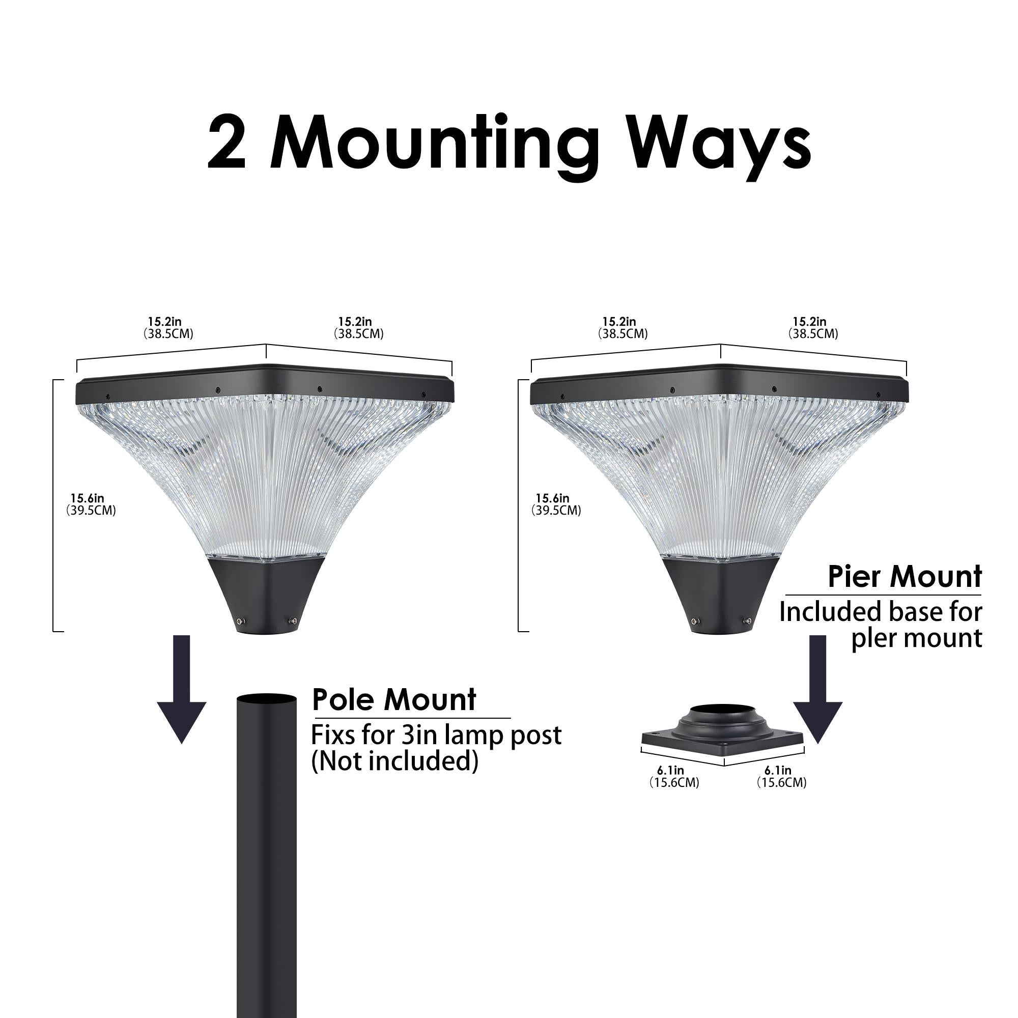 15" Outdoor LED Post Light with Remote Control, Dimmable and Timer Function, Weatherproof for Yard, Garden, 15" L x 15" W x 15.5" H, Black