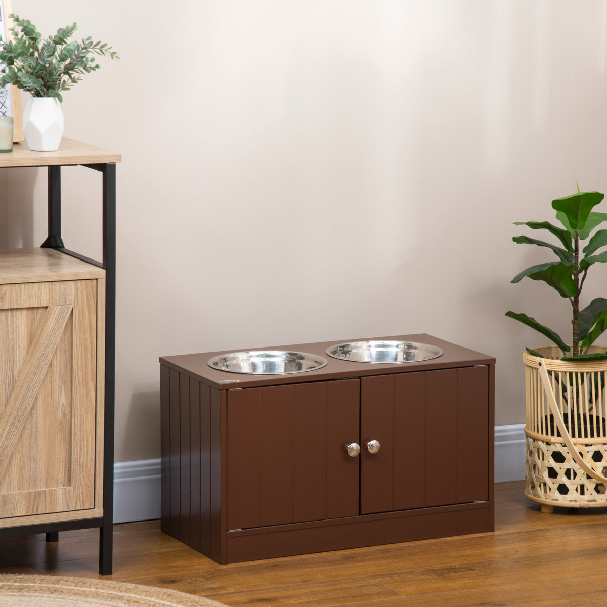 Elevated Dog Bowls with Storage Cabinet, Raised Dog Bowl Stand Pet Food Bowl Dog Feeding Station, Brown