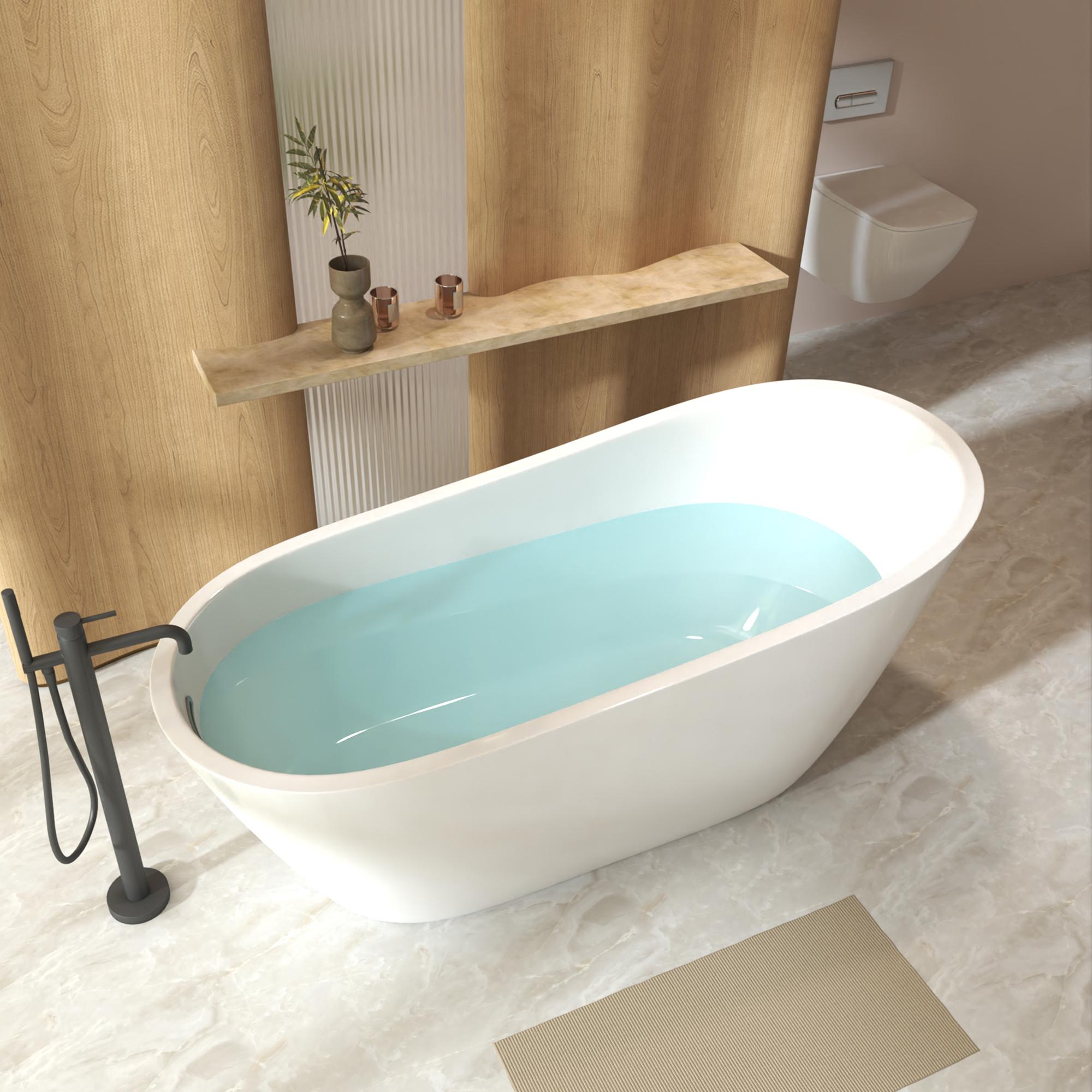 59" Special-Shaped Freestanding Slipper Bathtub with Chrome Overflow, Soaking Tub with Pop-Up Drain, 59" L x 30" W x 27.5" H, White