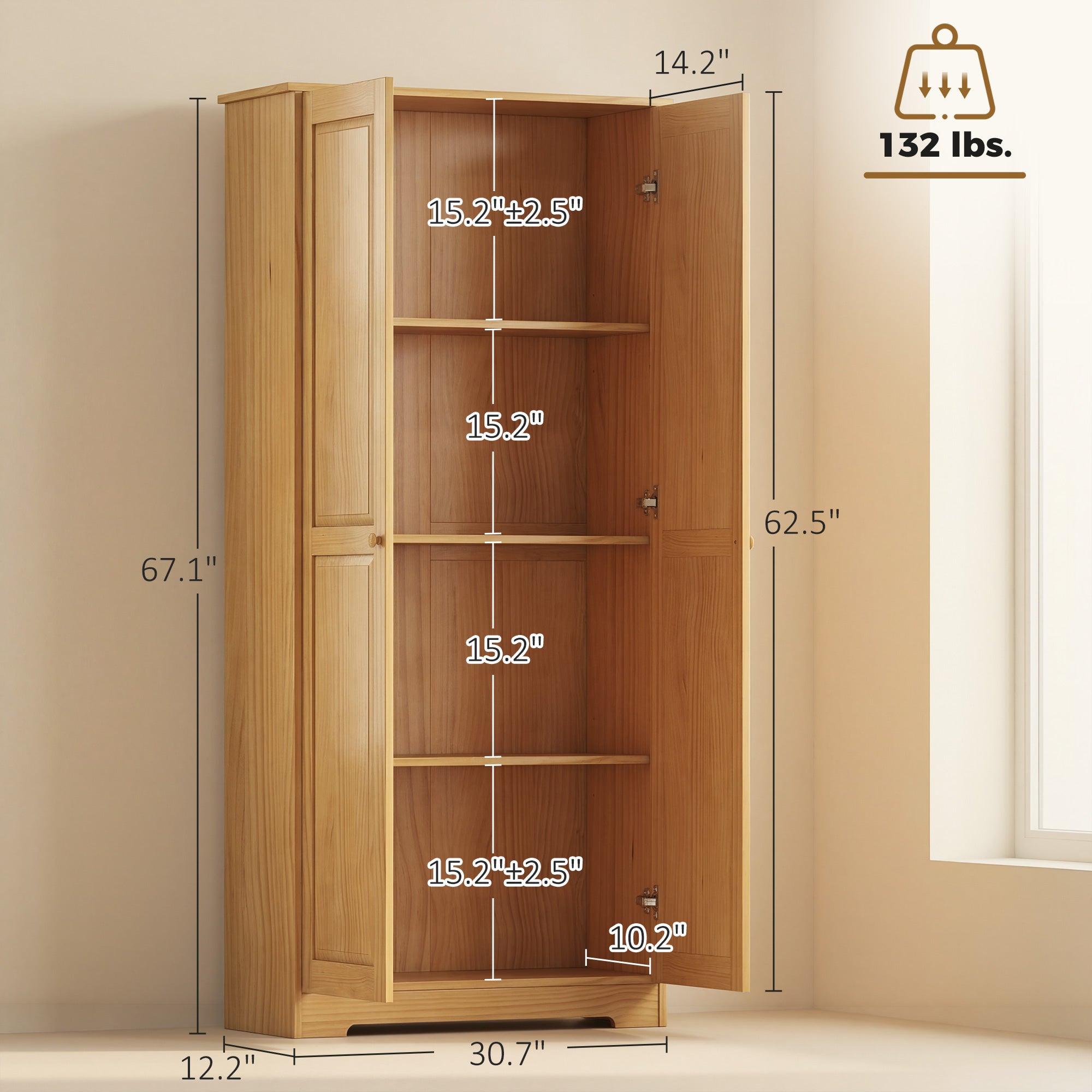 67" Pinewood Kitchen Pantry Storage Cabinet, Freestanding Cabinets with Doors and Shelves, Dining Room