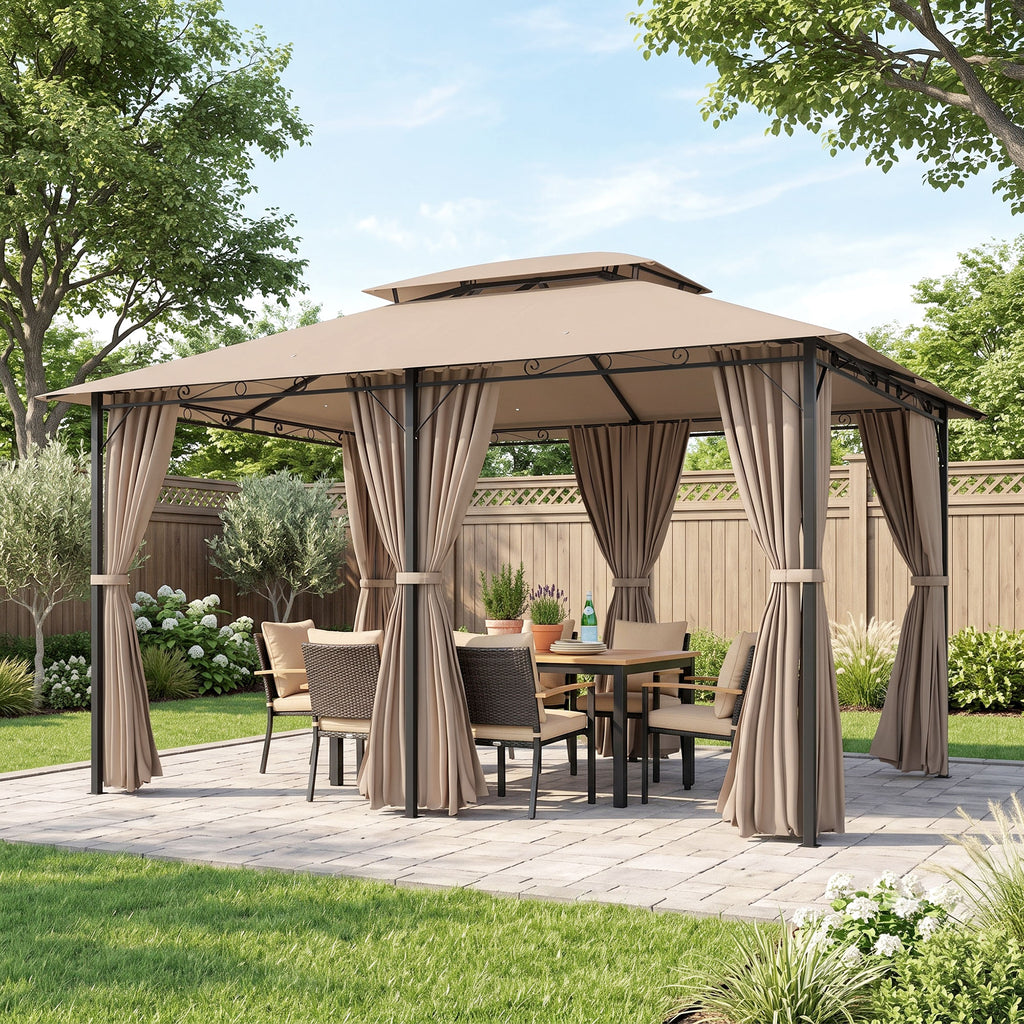 10' x 13' Patio Gazebo, Outdoor Gazebo Canopy Shelter with Curtains, Vented Roof, Steel Frame for Garden, Lawn, Backyard and Deck, Khaki