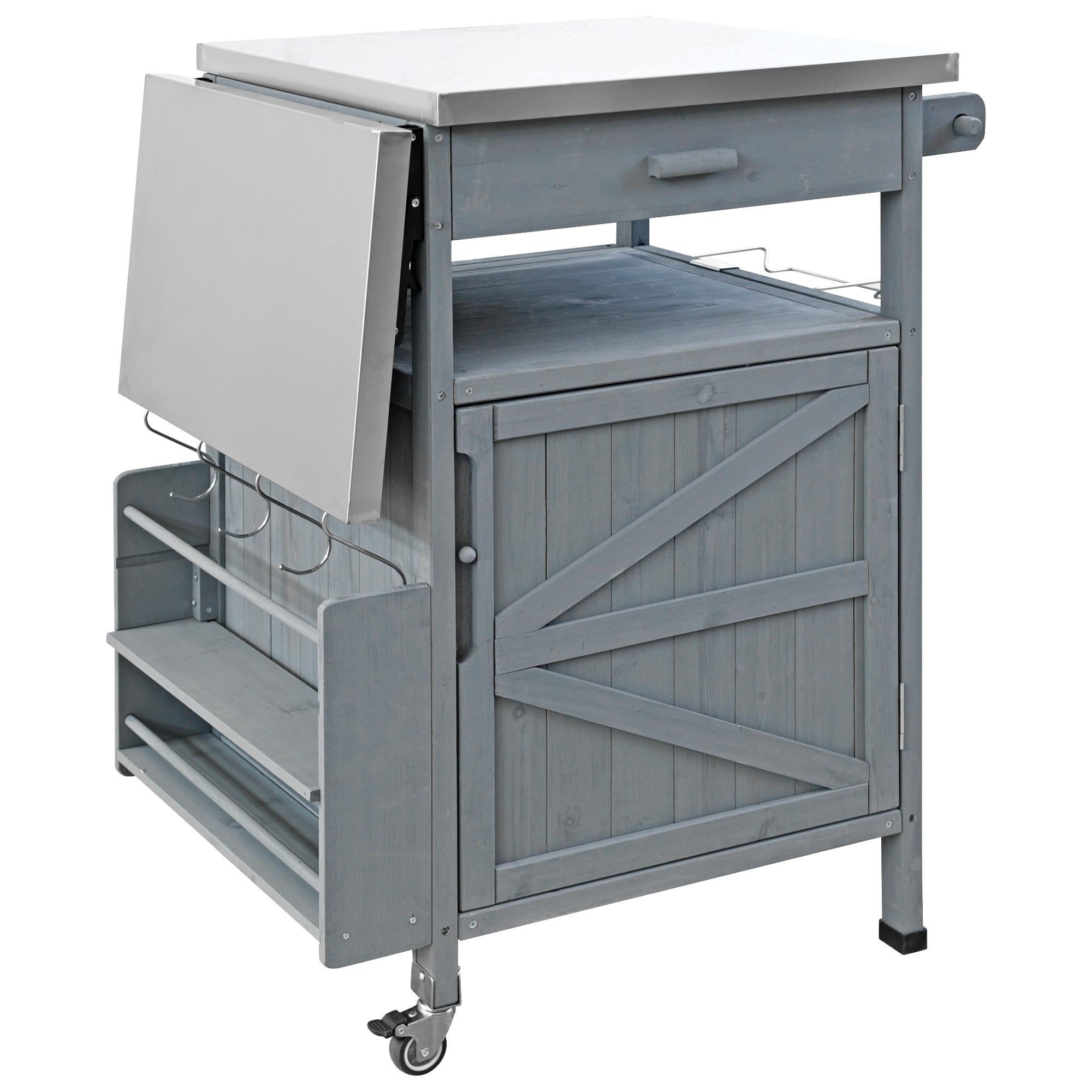 Outdoor Grill Cart with Stainless Steel Top, Storage Cabinet, Drop Leaf, Drawer, Towel Rack, Lockable Wheels, 40.5" L x 21" W x 36.3" H, Blue+Grey