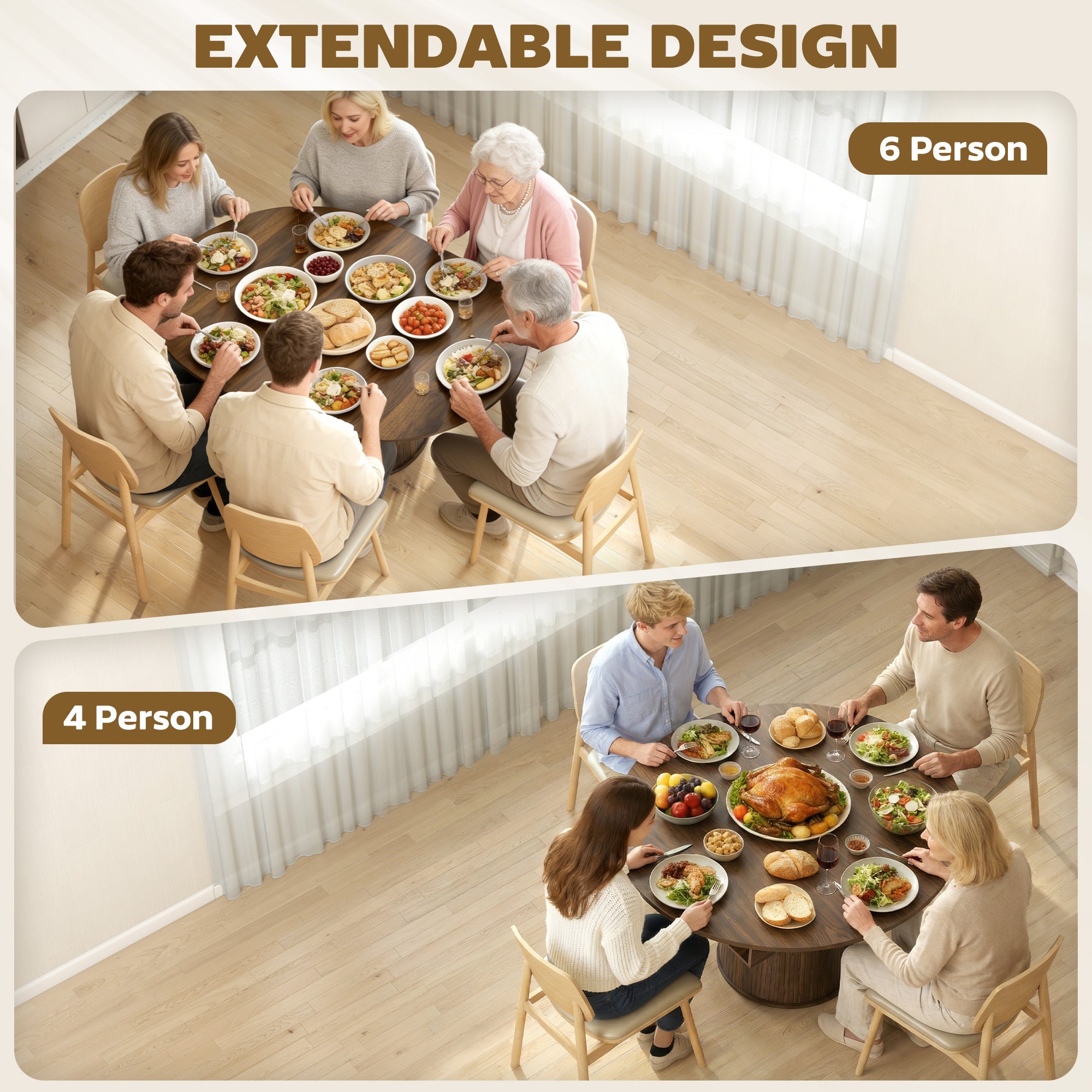 Extendable Dining Table for 6, 60" Farmhouse Kitchen Table with 2-Tier Storage Shelf and Fluted Sliding Doors, Walnut