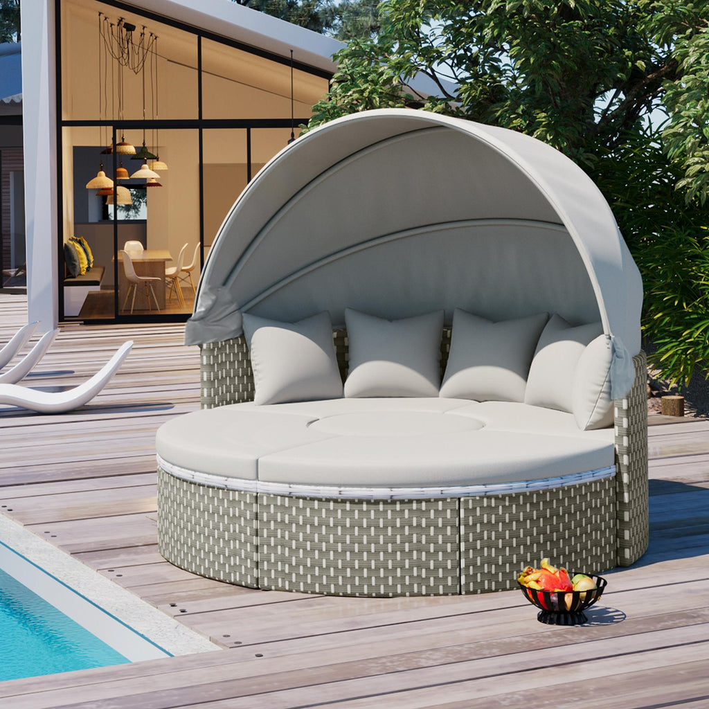 Round Rattan Patio Daybed with Retractable Canopy and Table, Versatile Sunbed with Separate Garden Seating, 66.5" L x 65" W x 53.5" H, Gray