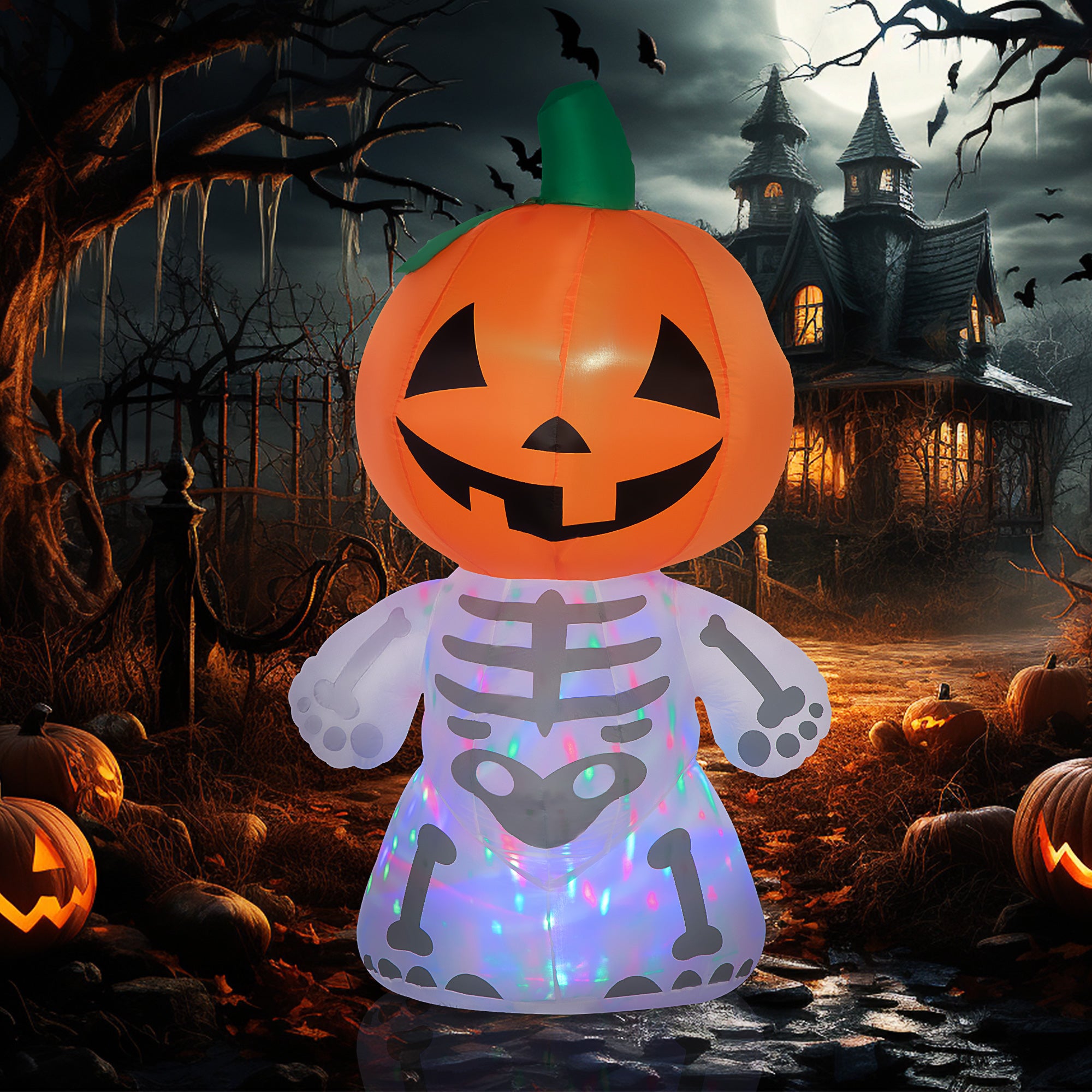 6ft Halloween Inflatables Outdoor Decorations, Smiling Skeleton Ghost with Pumpkin Head, Blow Up LED Yard Decor for Garden, Lawn, Party, Holiday, Waterproof