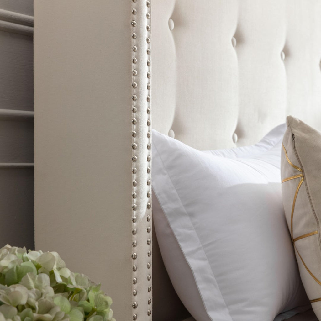 Peyton Upholstered Queen Bed Frame with 54" High Headboard, Hand Buttoned Tufting, Nailhead Trim Wingback, No Box Spring Needed, Easy Assembly, Ivory Velvet, Ivory