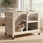 Rabbit Hutch with Wheels, Desk and Side Table Sized, Wooden Rabbit Cage, Waterproof Small Bunny Cage with Removable Tray, Openable Roof, for Rabbits, Chickens, Ducks, Indoor/Outdoor, Natural