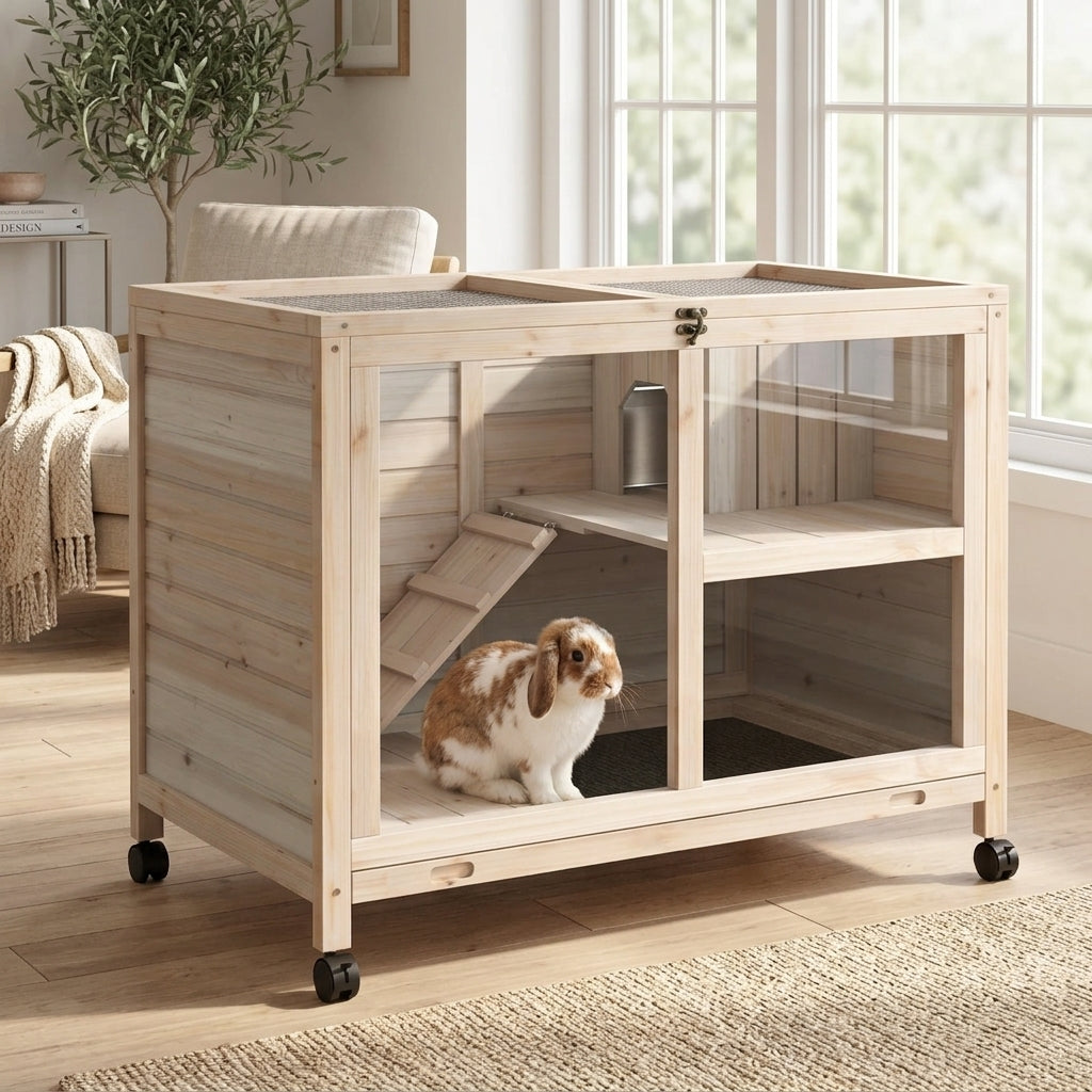 Rabbit Hutch with Wheels, Desk and Side Table Sized, Wooden Rabbit Cage, Waterproof Small Bunny Cage with Removable Tray, Openable Roof, for Rabbits, Chickens, Ducks, Indoor/Outdoor, Natural