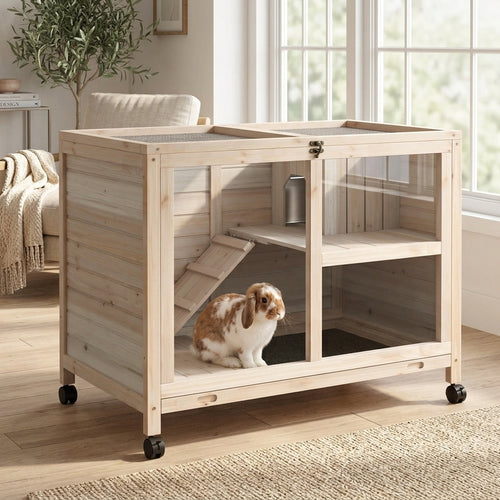 Rabbit Hutch with Wheels, Desk and Side Table Sized, Wooden Rabbit Cage, Waterproof Small Bunny Cage with Removable Tray, Openable Roof, for Rabbits, Chickens, Ducks, Indoor/Outdoor, Natural