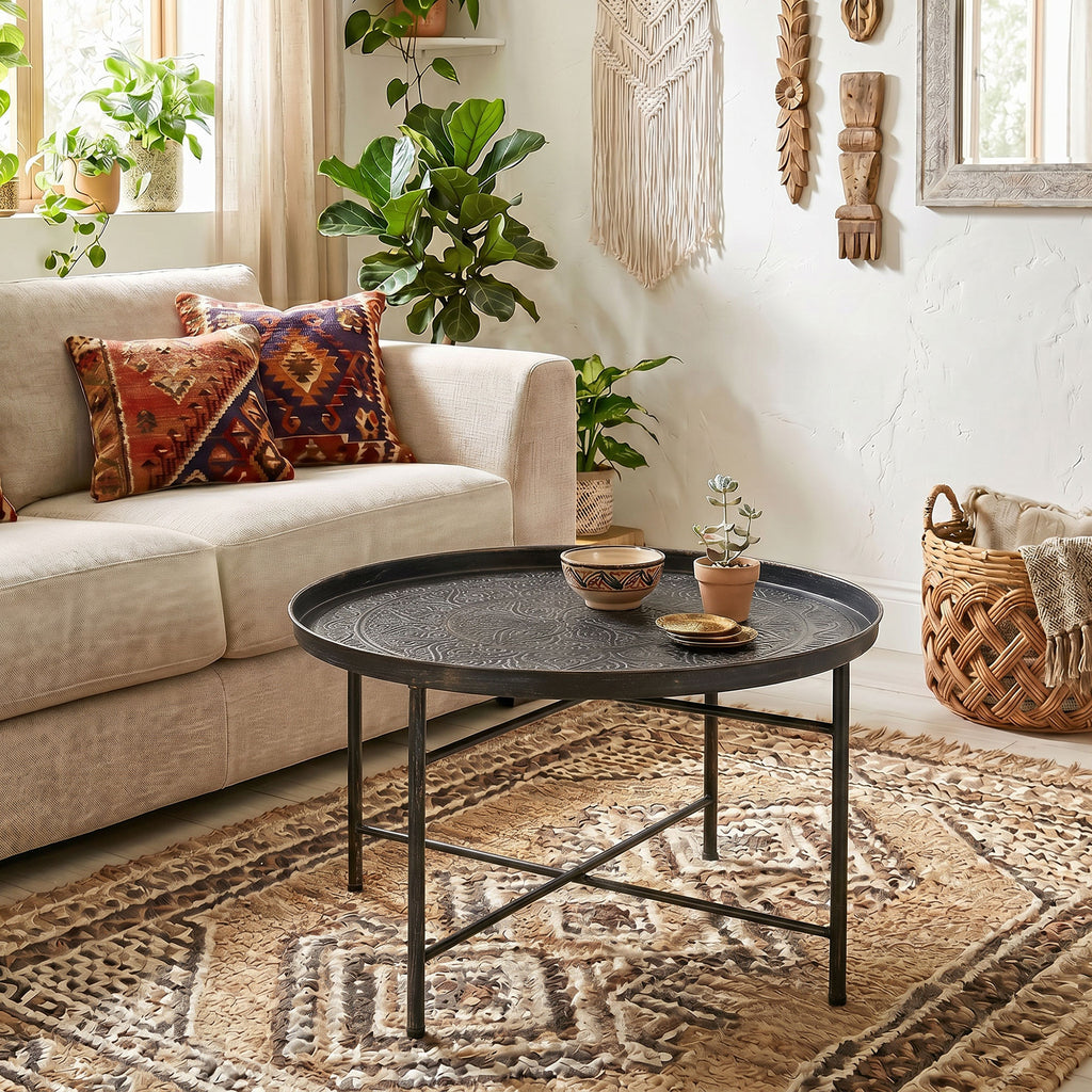 Coffee Table for Living Room, 24" Round Center Table with Hammered Tray Top and Metal Frame for Bedroom, Pewter