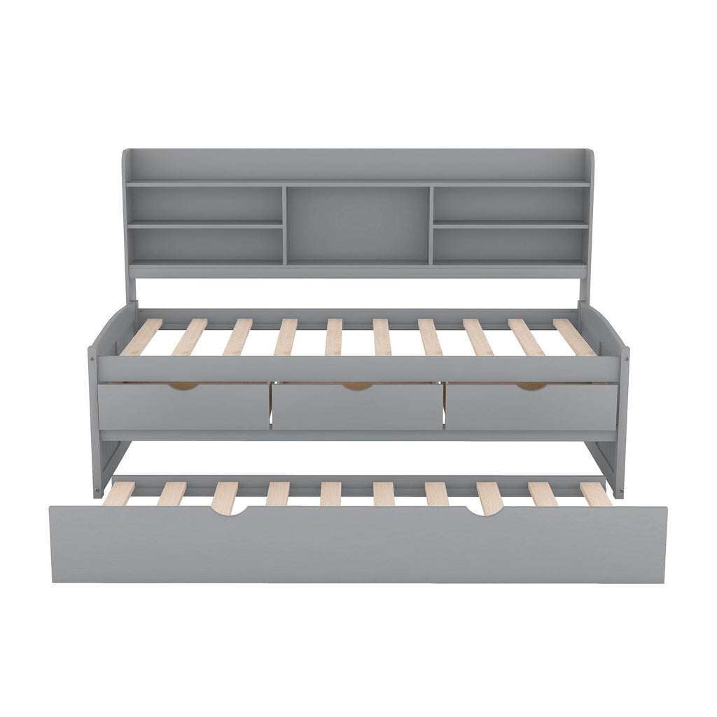 Classic Style Twin Size Wooden Captain Bed with Built-in Bookshelves, 3 Storage Drawers, and Trundle, 77.5" L x 88" W x 47" H, Grey