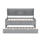 Classic Style Twin Size Wooden Captain Bed with Built-in Bookshelves, 3 Storage Drawers, and Trundle, 77.5" L x 88" W x 47" H, Grey