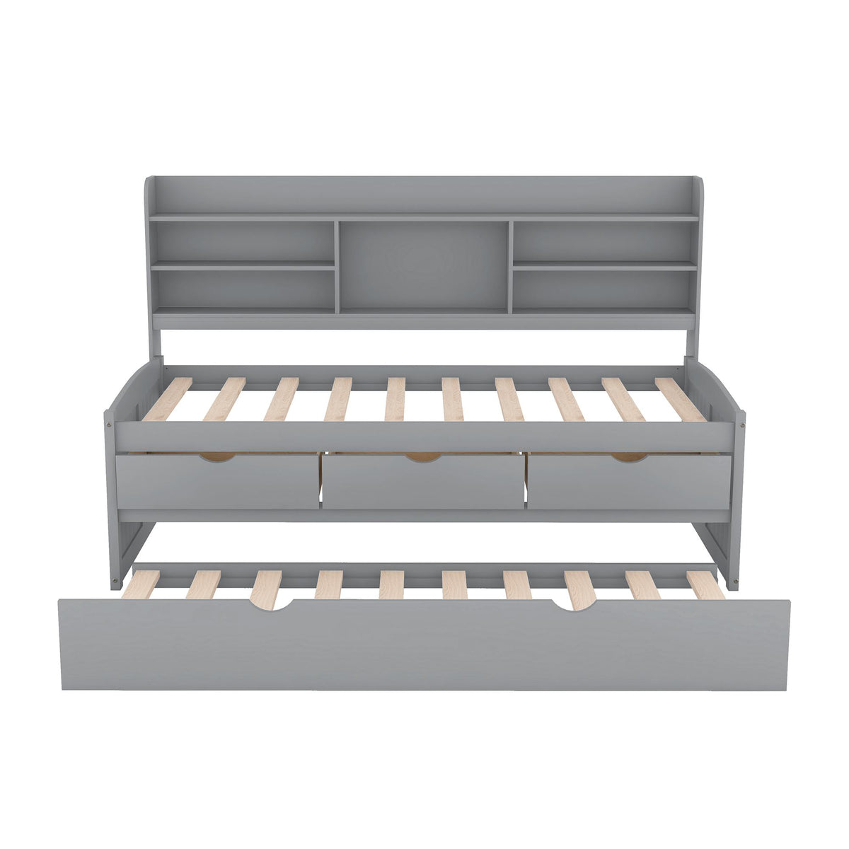 Classic Style Twin Size Wooden Captain Bed with Built-in Bookshelves, 3 Storage Drawers, and Trundle, 77.5" L x 88" W x 47" H, Grey