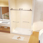 Frameless Double Sliding Shower Door with Silent Rollers, Bathroom Door with Square Tube Track, 60" L x 0.5" W x 74" H, Brushed Nickel