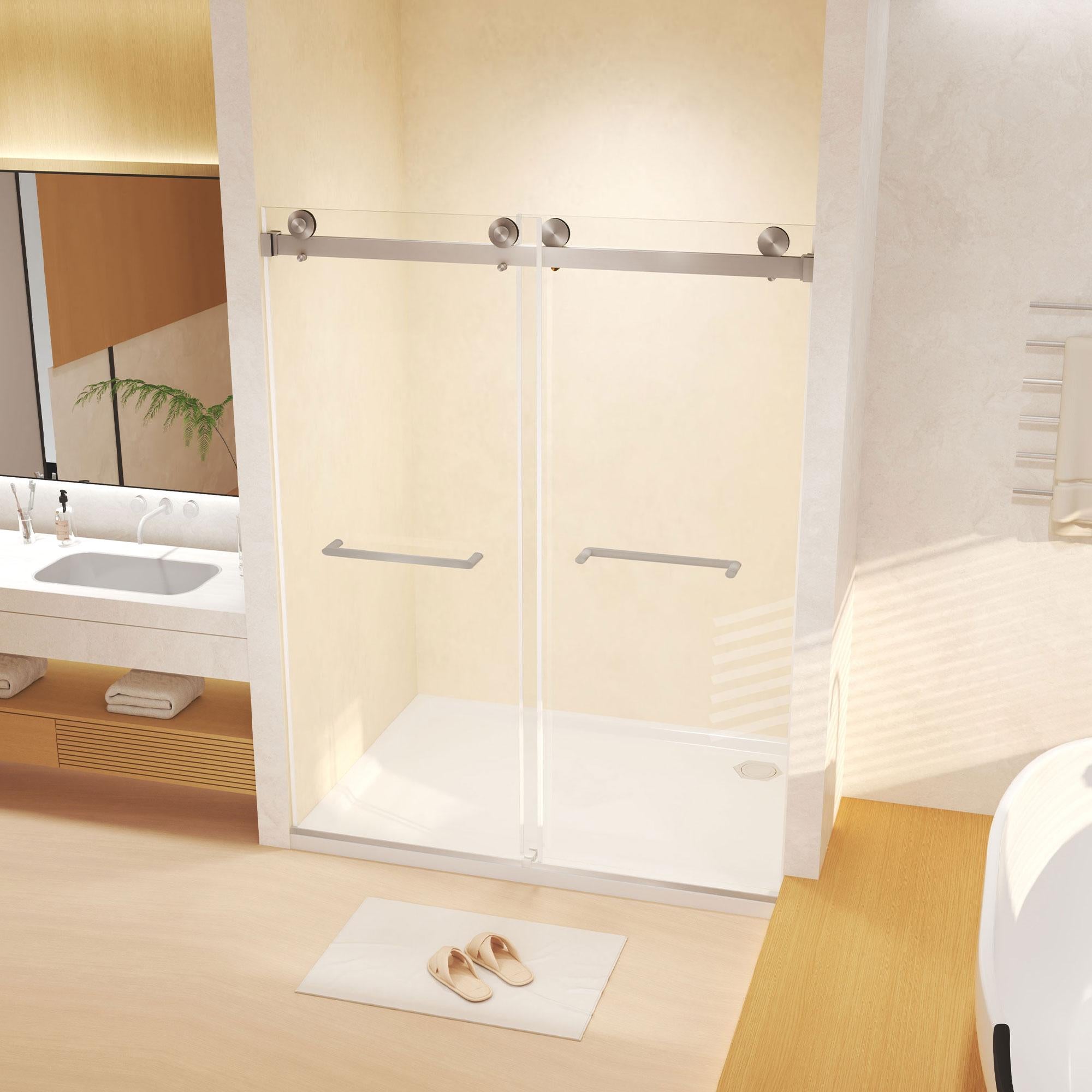 Frameless Double Sliding Shower Door with Silent Rollers, Bathroom Door with Square Tube Track, 60" L x 0.5" W x 74" H, Brushed Nickel