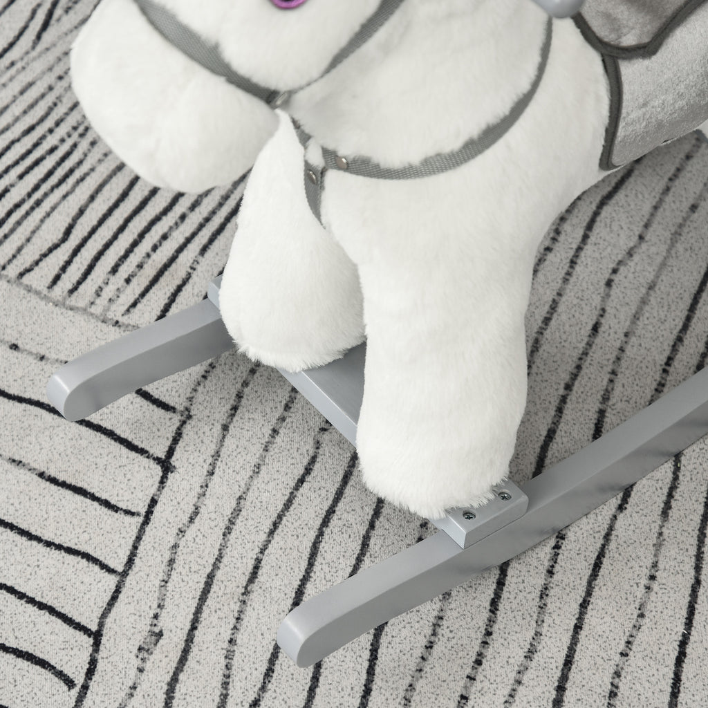 Kids Rocking Horse with Bear Toy, Plush Animal Rocker with Fun Realistic Sounds for Toddler 18-36 Months, White