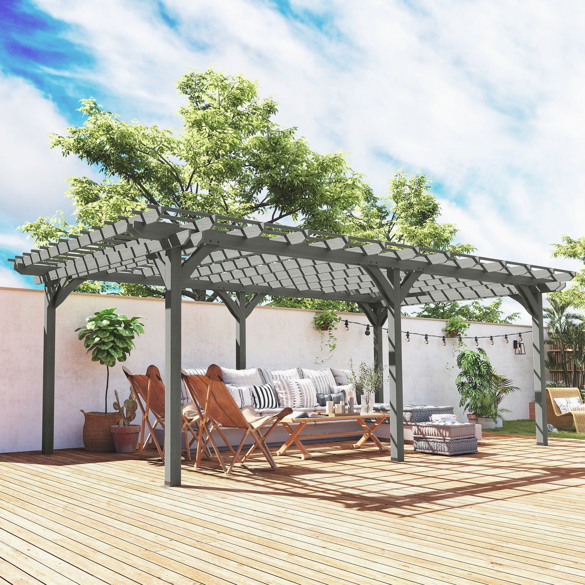 12' x 20' Outdoor Pergola, Wood Gazebo Grape Trellis with Stable Structure for Climbing Plant Support, Gray