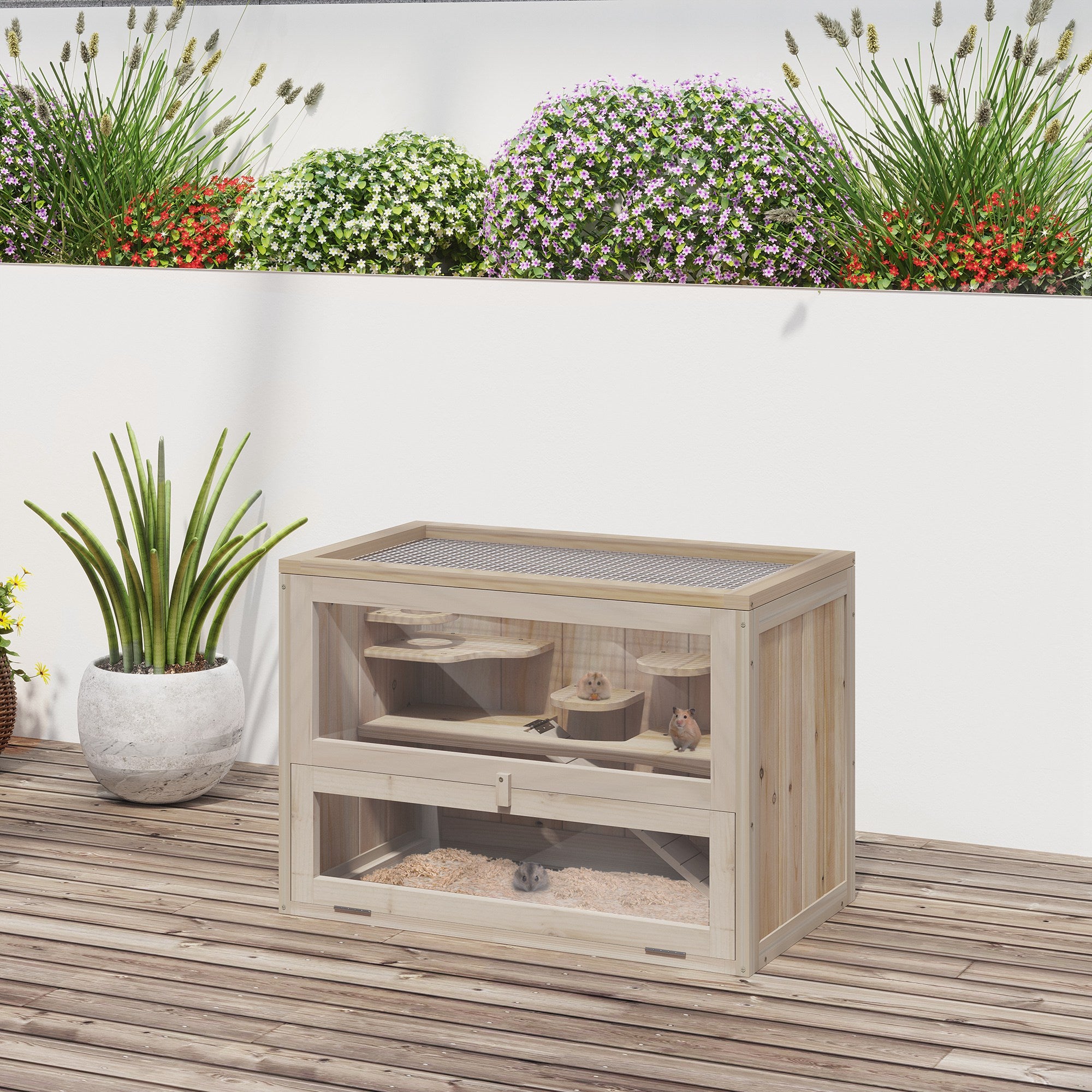 2-Level Hamster Cage Mice and Rat House, Small Animal Habitat for Guinea Pigs, Chinchillas with Openable Top, Front Door, Shelf and Ladder, Natural