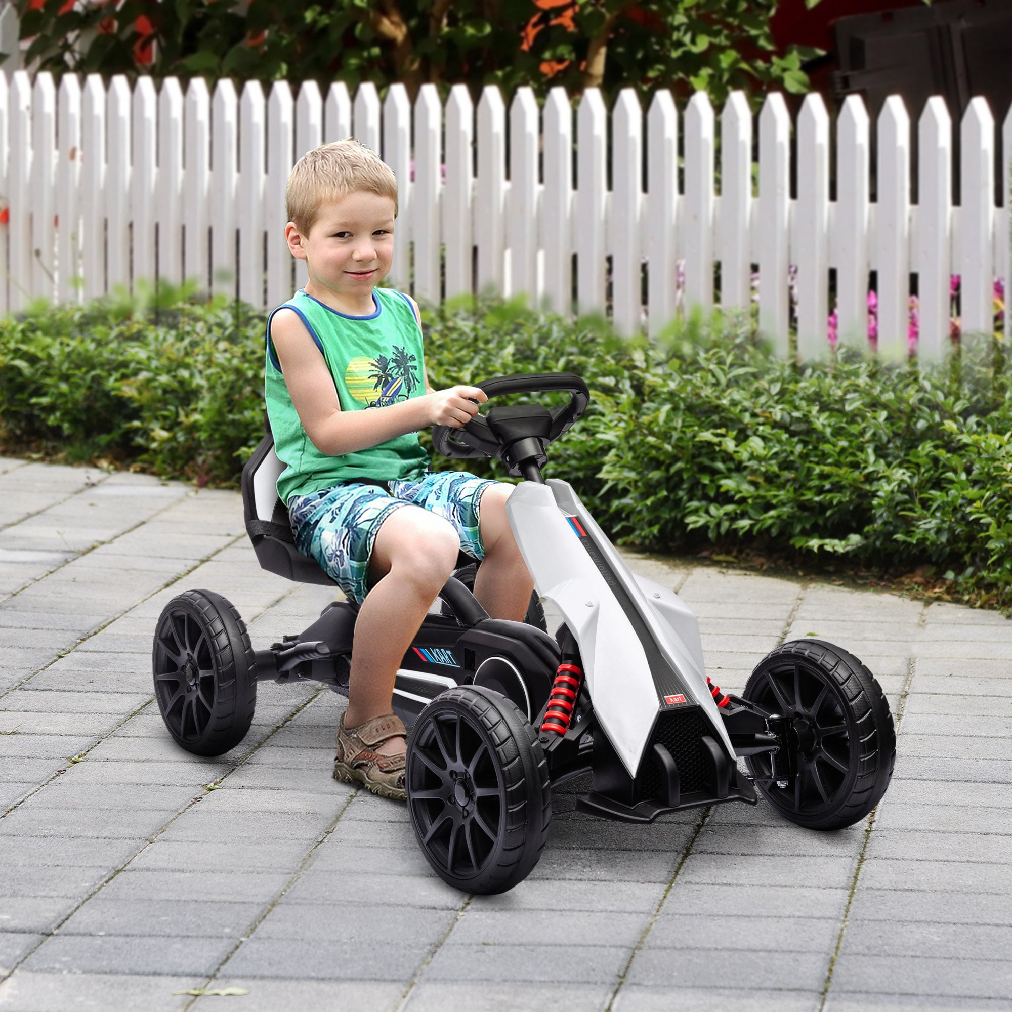 Kids Pedal Go Kart W/ Adjustable Seat, Swing Axle, White