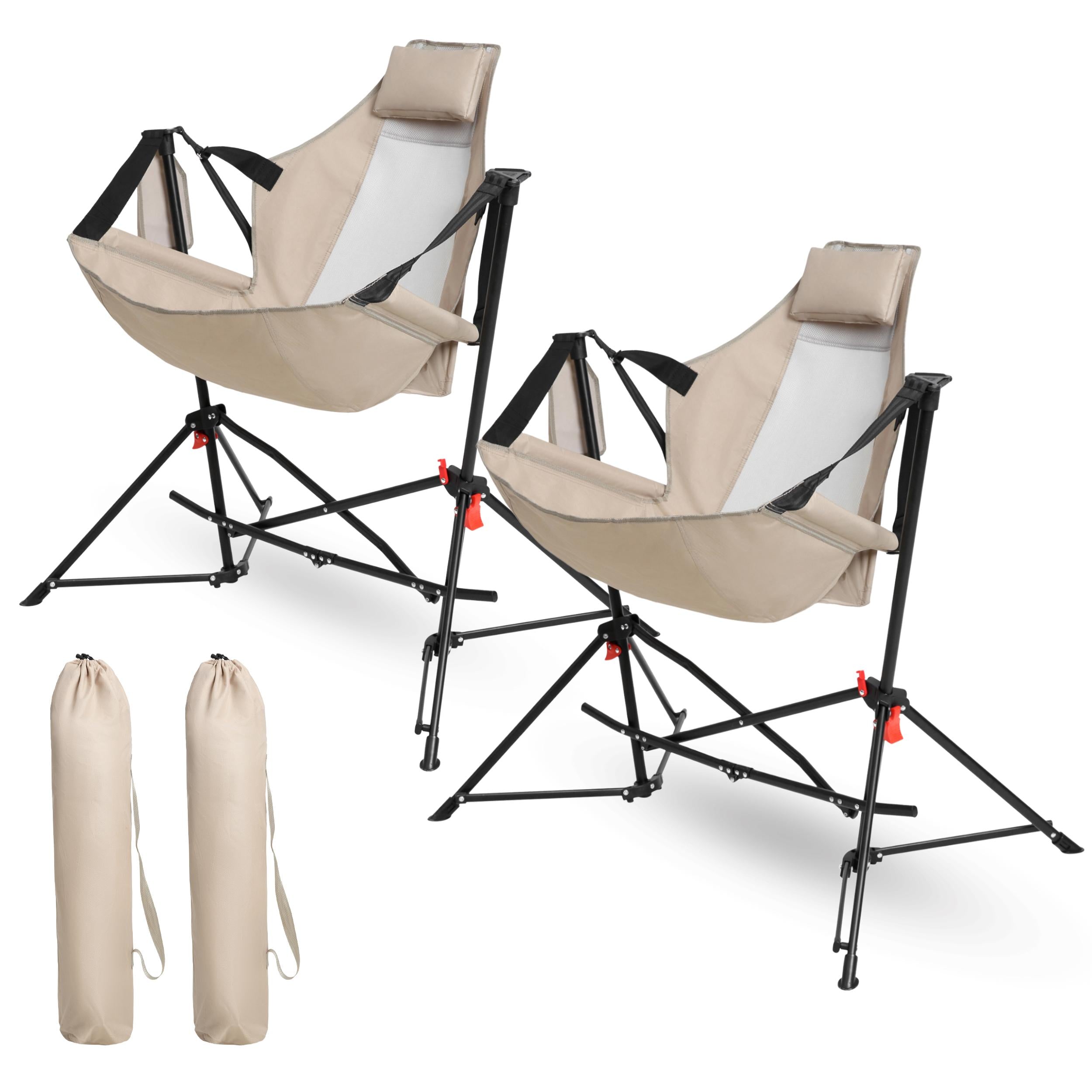 2-Pack Hammock Camping Chair with Adjustable Back and Pillow, Folding Rocking Chair with Cup Holder, Carry Bag, 38" L x 35" W x 42" H, Khaki