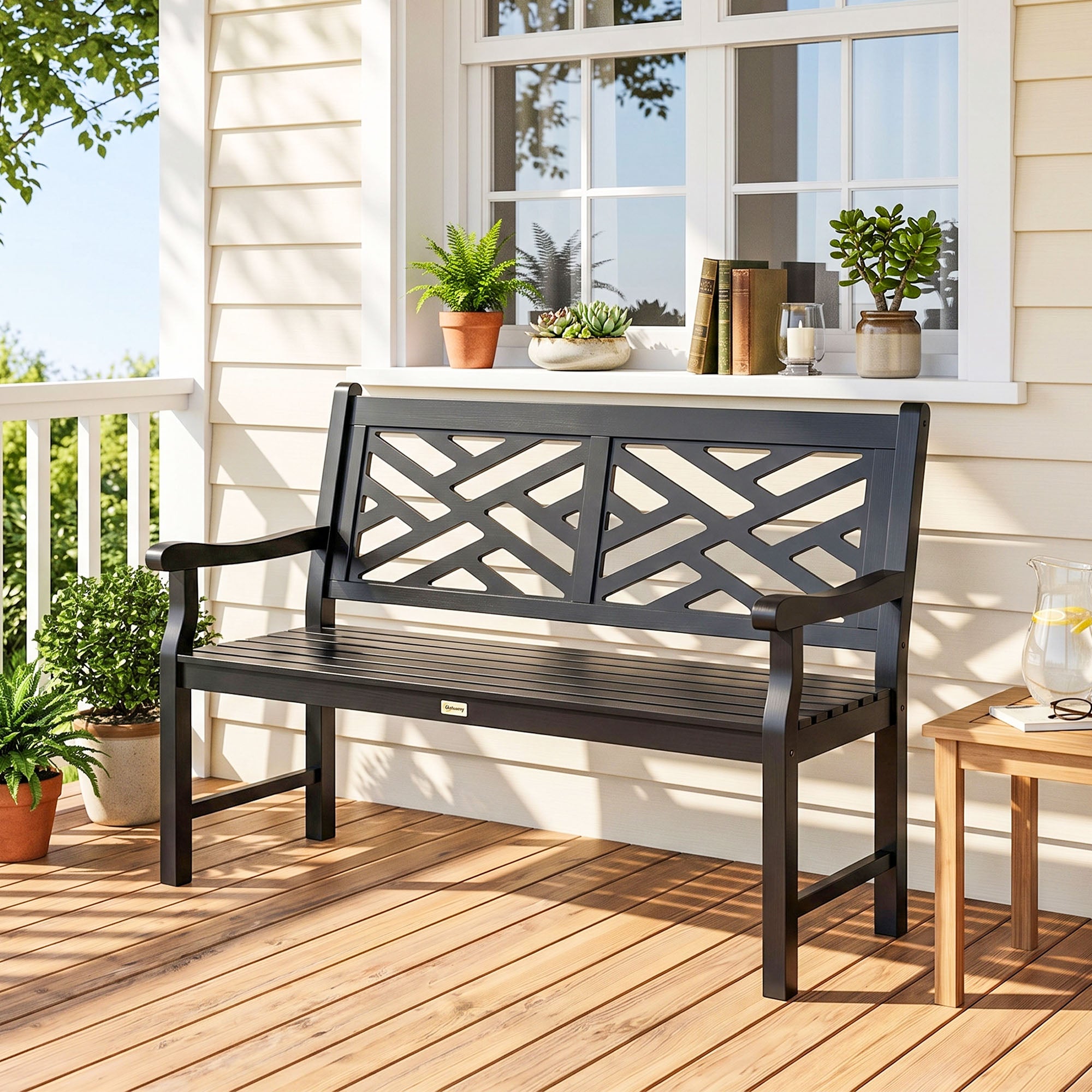 Outdoor Garden Bench, Wooden Frame Patio Bench with Geometric Pattern, 43.25 Inch Weatherproof 2-Person Love Seat for Garden, Lawn, Porch, Yard, Work Entryway, Black