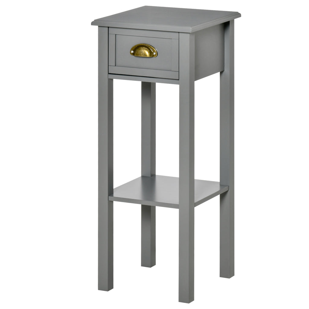 2-Tier Tall Side Table, Nightstand End Table w/ Drawer & Bottom Shelf for Living Room, Bedroom, Gray