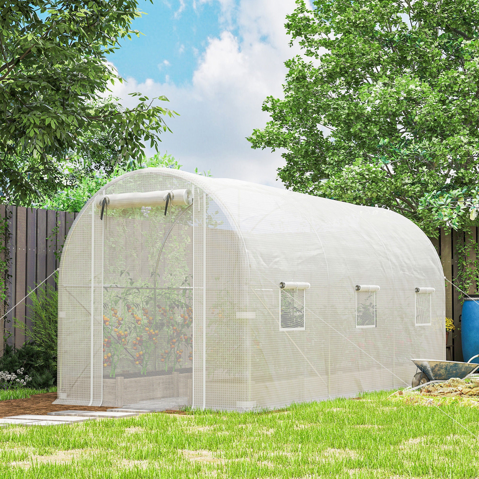Hoop House Greenhouse, Walk-in Tunnel Greenhouse with 2 Support Rods, Zippered Roll-up Mesh Door, 14.6'x6.5'x6.6', White