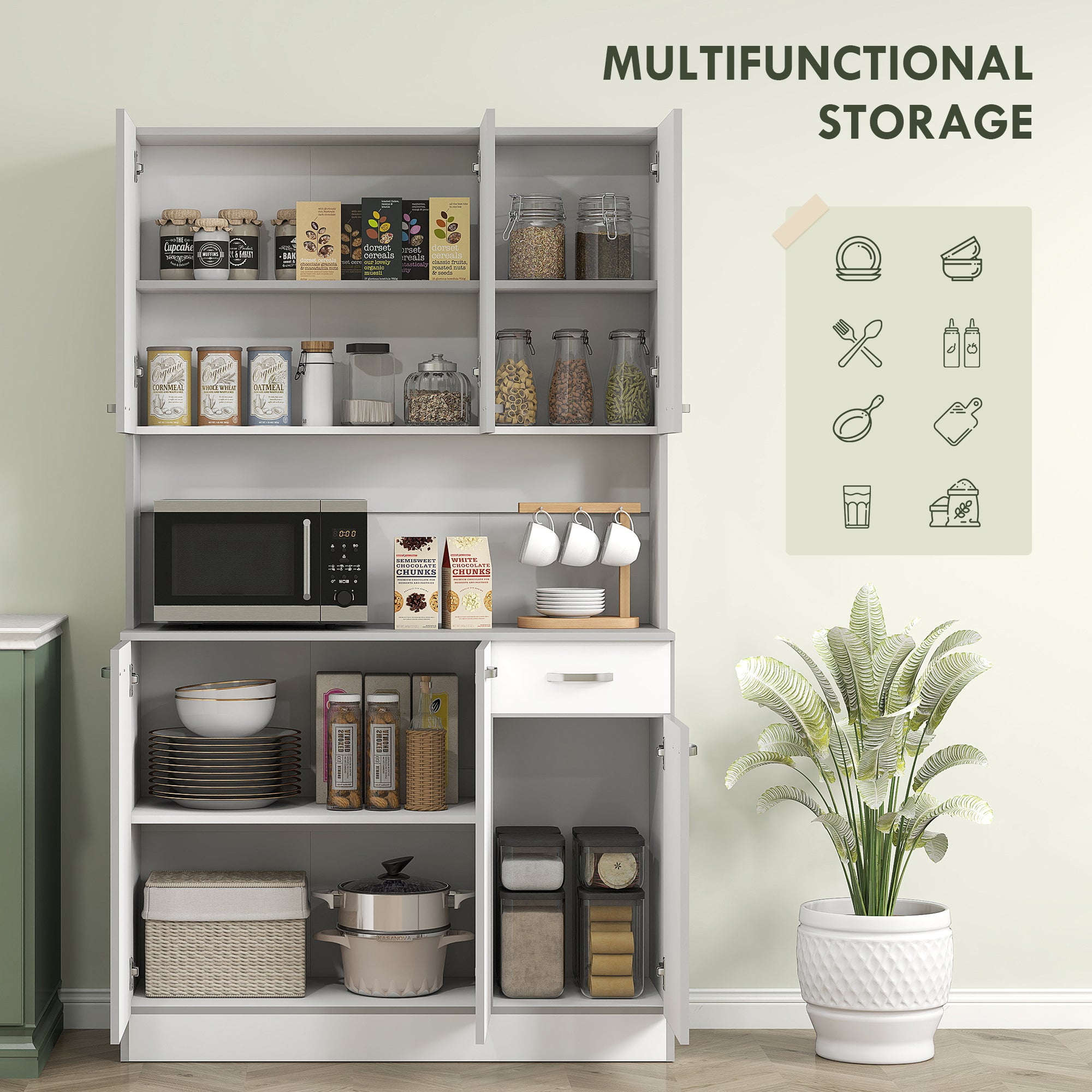 71" Kitchen Pantry Cabinet, Tall Storage Cabinet with Microwave Stand, Modern Kitchen Hutch with Countertop, 6 Doors, Storage Drawer, 3 Adjustable Shelves for Living Room, Dining Room, White