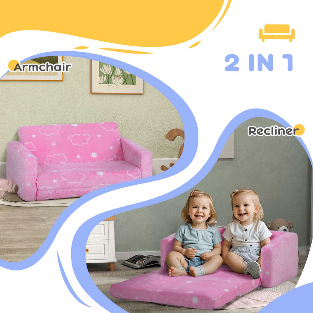 Couch with Glow in the Dark Cloud Pattern, Washable Cover, Pink