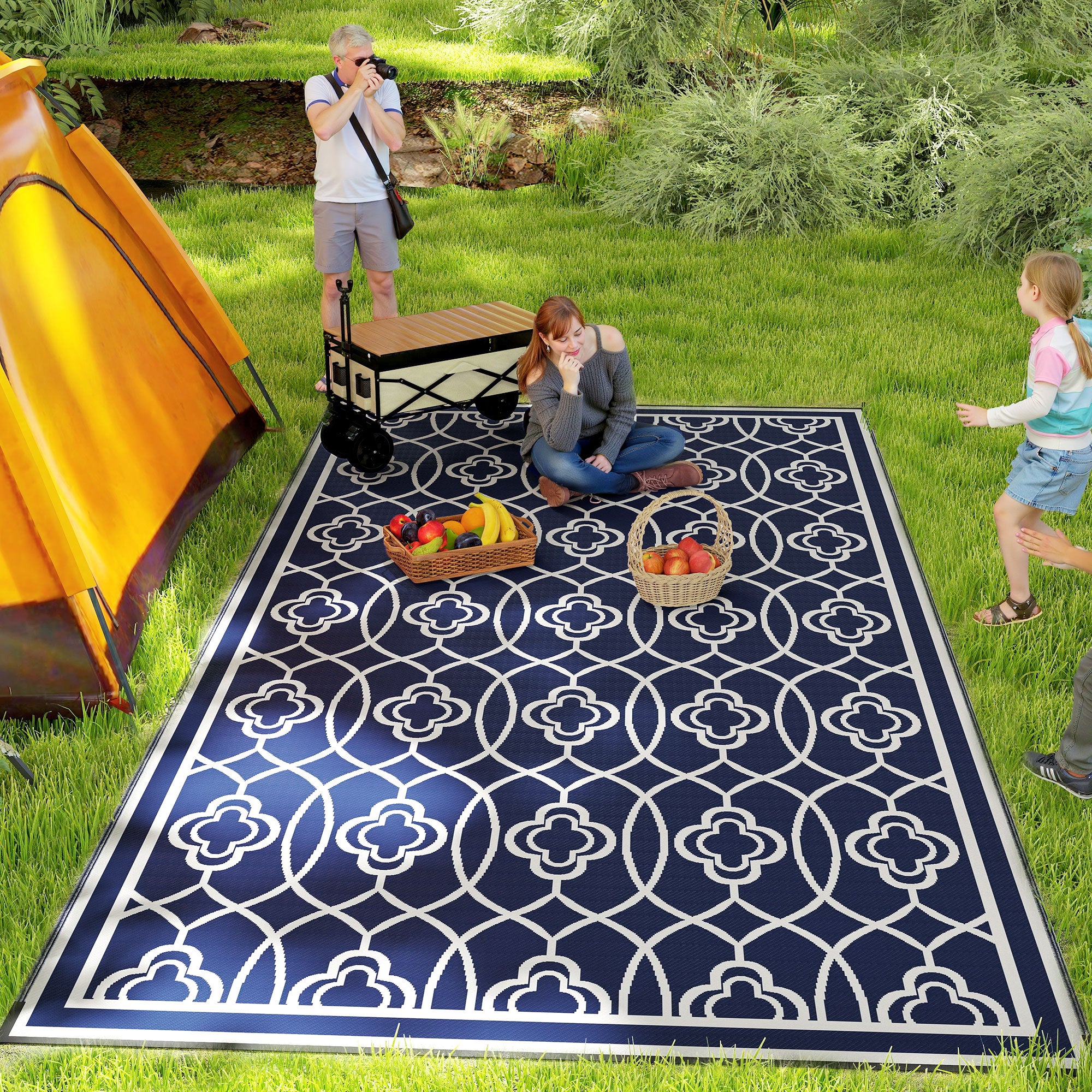 Reversible Outdoor Rug, Waterproof Plastic Straw with Carry Bag, 9' x 18', Blue & White Lantern