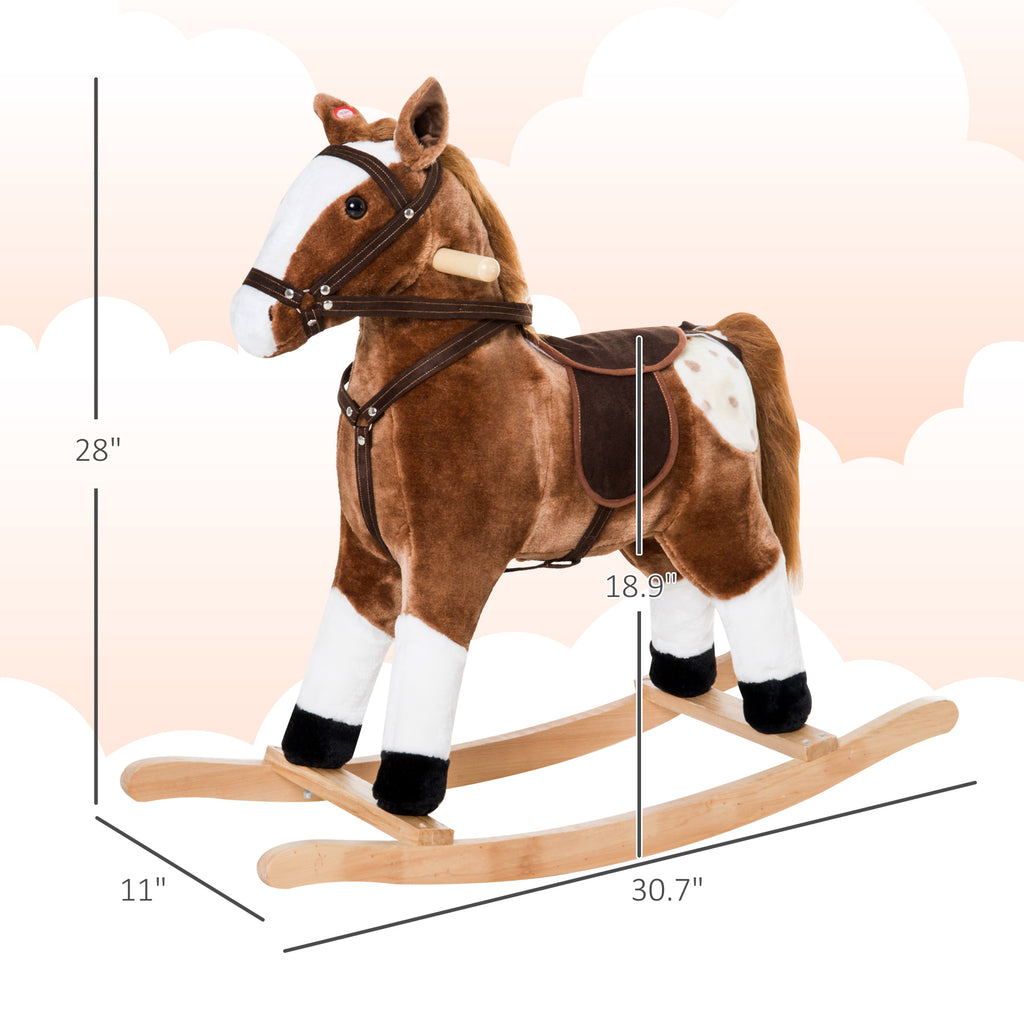 Kids Plush Toy Rocking Horse Pony Toddler Ride on Animal for Girls Pink Birthday Gifts with Realistic Sounds, Brown