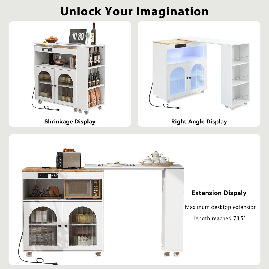 LED Kitchen Island with Extended Table, Power Outlets, Fluted Glass Doors, Utility Cart with Shelves and Cabinet, 56.5" L x 33" W x 38" H, White