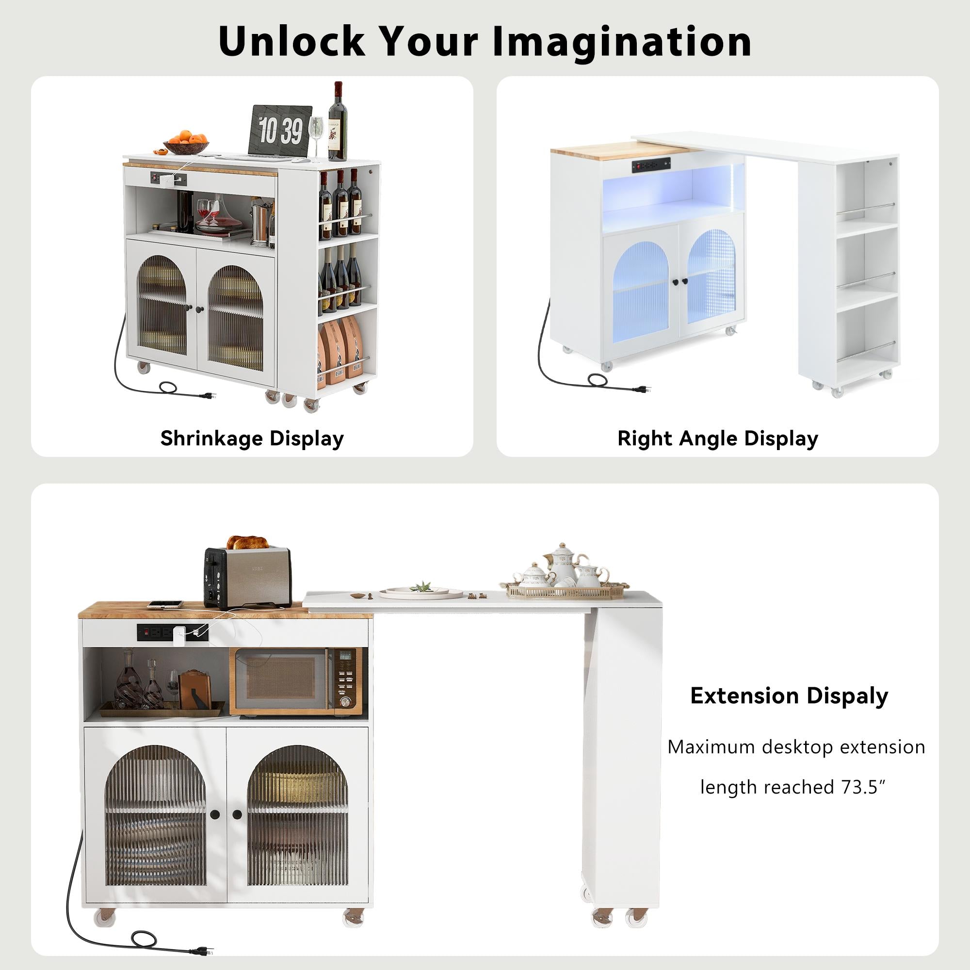 LED Kitchen Island with Extended Table, Power Outlets, Fluted Glass Doors, Utility Cart with Shelves and Cabinet, 56.5" L x 33" W x 38" H, White