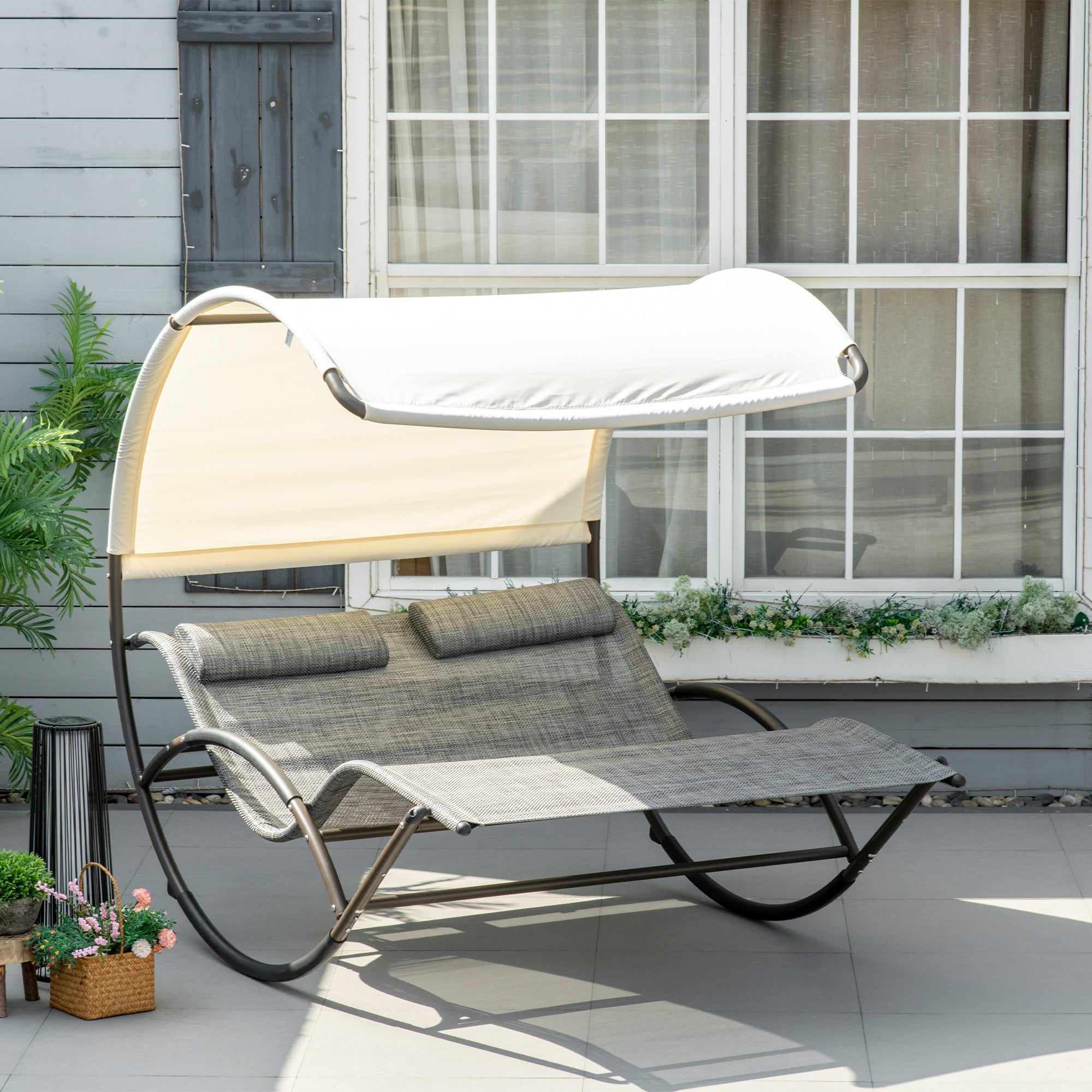 Outdoor Double Chaise Rocking Chair, Day Bed Sun Lounger with Canopy Shade, Headrest Pillow, Armrests for Garden, Poolside, Light Gray