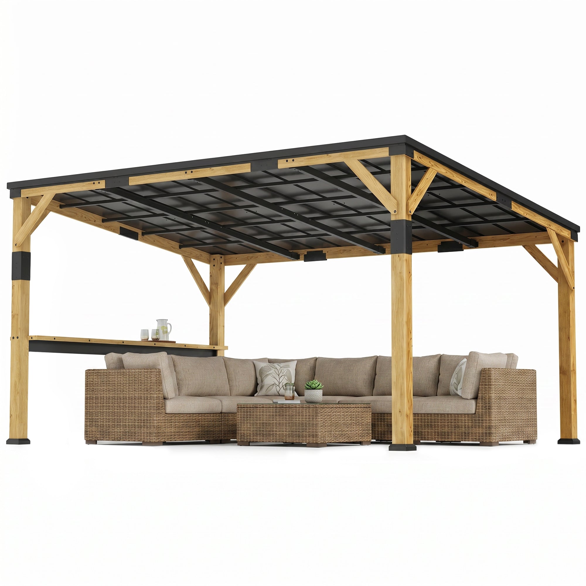 10' x 14' Wooden Gazebo, Hardtop Lean-to Gazebo Pergola with Galvanized Steel Sloped Roof, Bar Shelf, Natural Wood