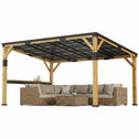 10' x 14' Wooden Gazebo, Hardtop Lean-to Gazebo Pergola with Galvanized Steel Sloped Roof, Bar Shelf, Natural Wood