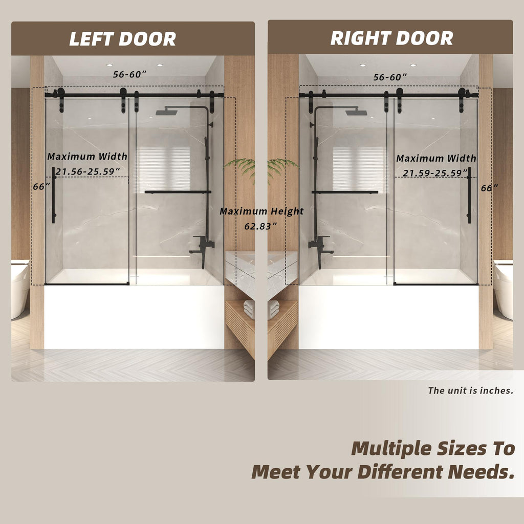 Sliding Bathtub Door with Waterproof Seals and Tempered Glass, Bathroom Door with Towel Bar Handle, 60" L x 0.5" W x 66" H, Matte Black