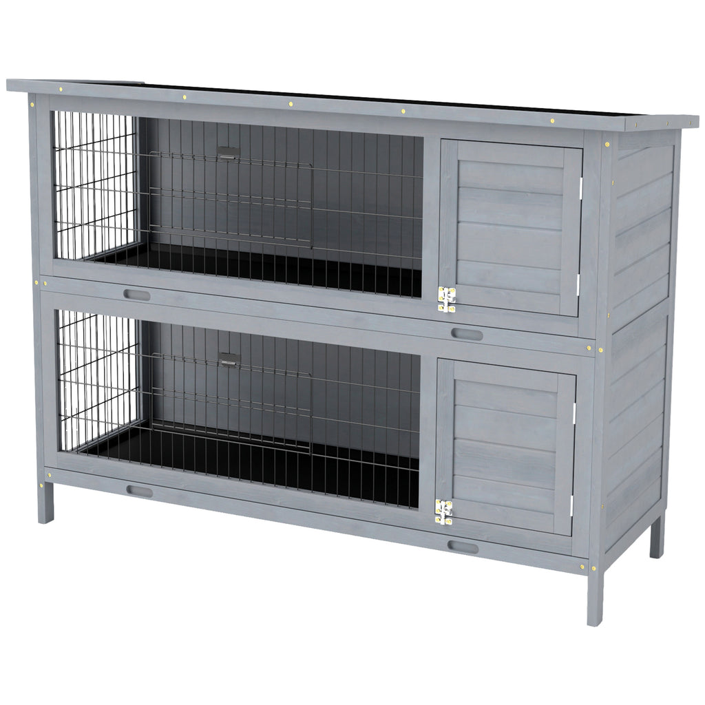 54" 2-Story Large Rabbit Hutch Bunny Cage Wooden Pet House Small Animal Habitat Lockable Doors, Tray, Roof, Gray