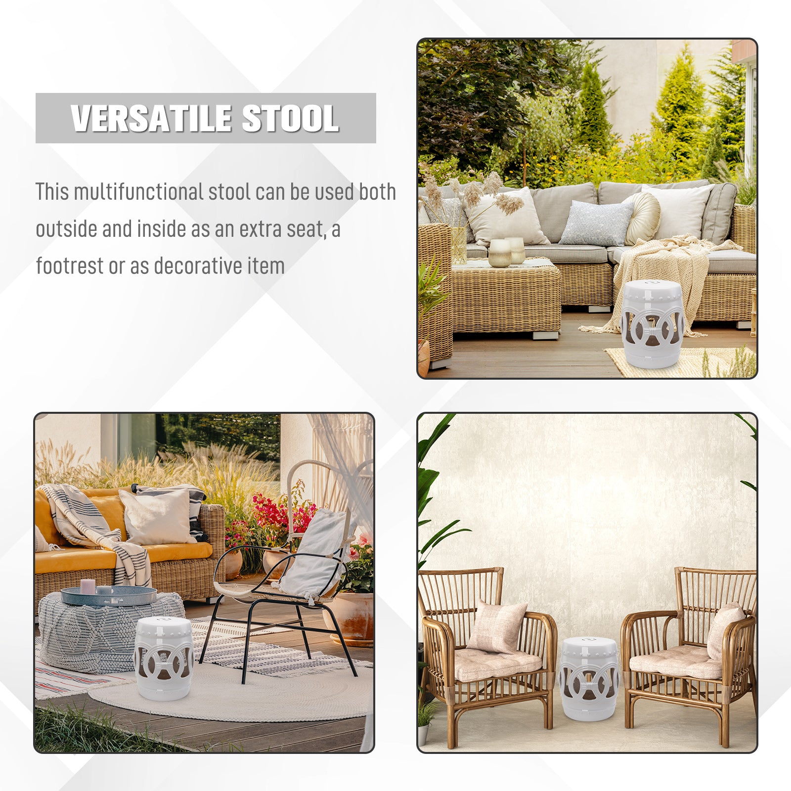 14" x 17" Ceramic Garden Stool with Double-Coin Knotted Ring Design & Strong Glazed Material, Decorative Outdoor Stool, Home Collection, White