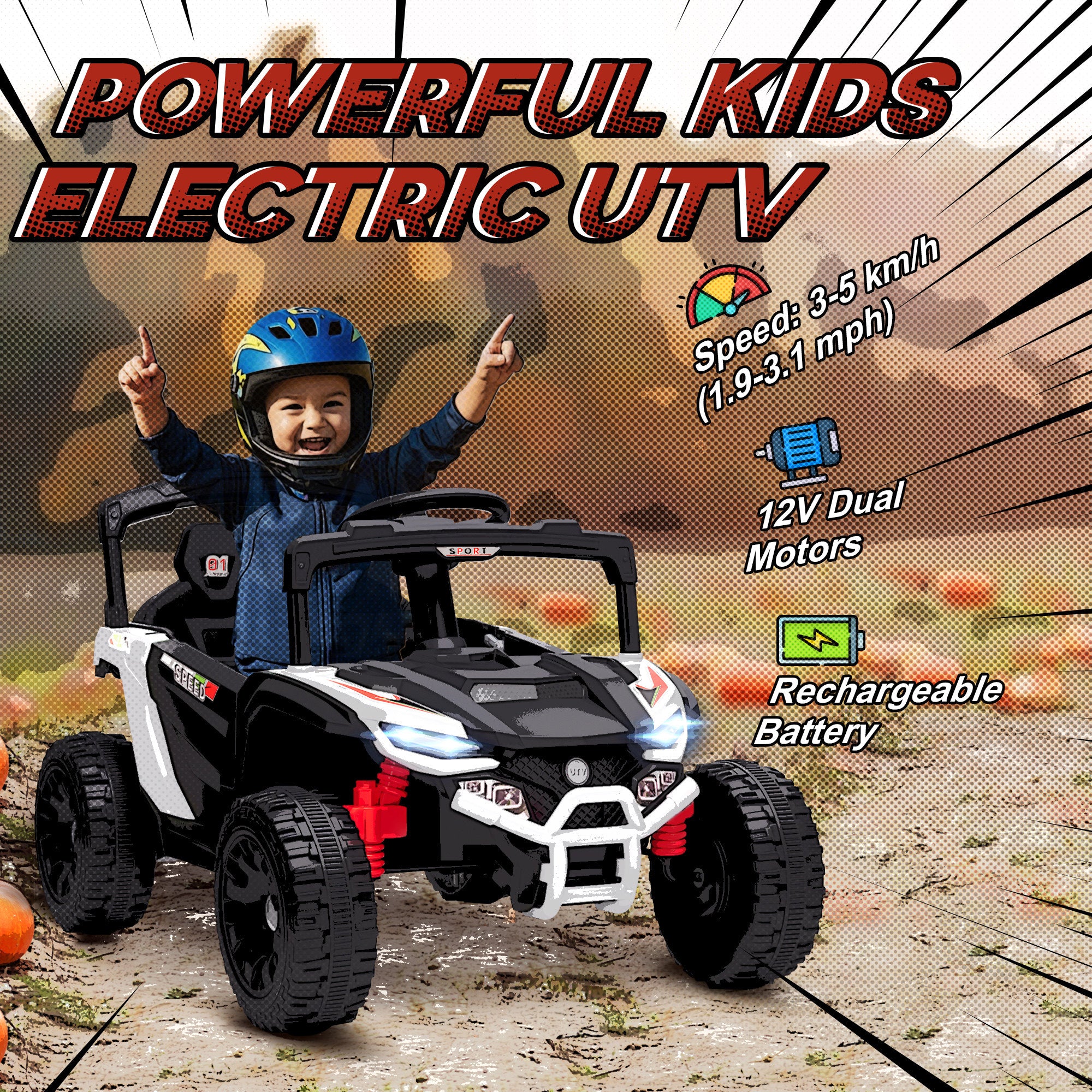 12V Kids Ride On Truck, Battery Powered Electric UTV Vehicle with Rear Suspension, Remote Control for 3-5 Years, White