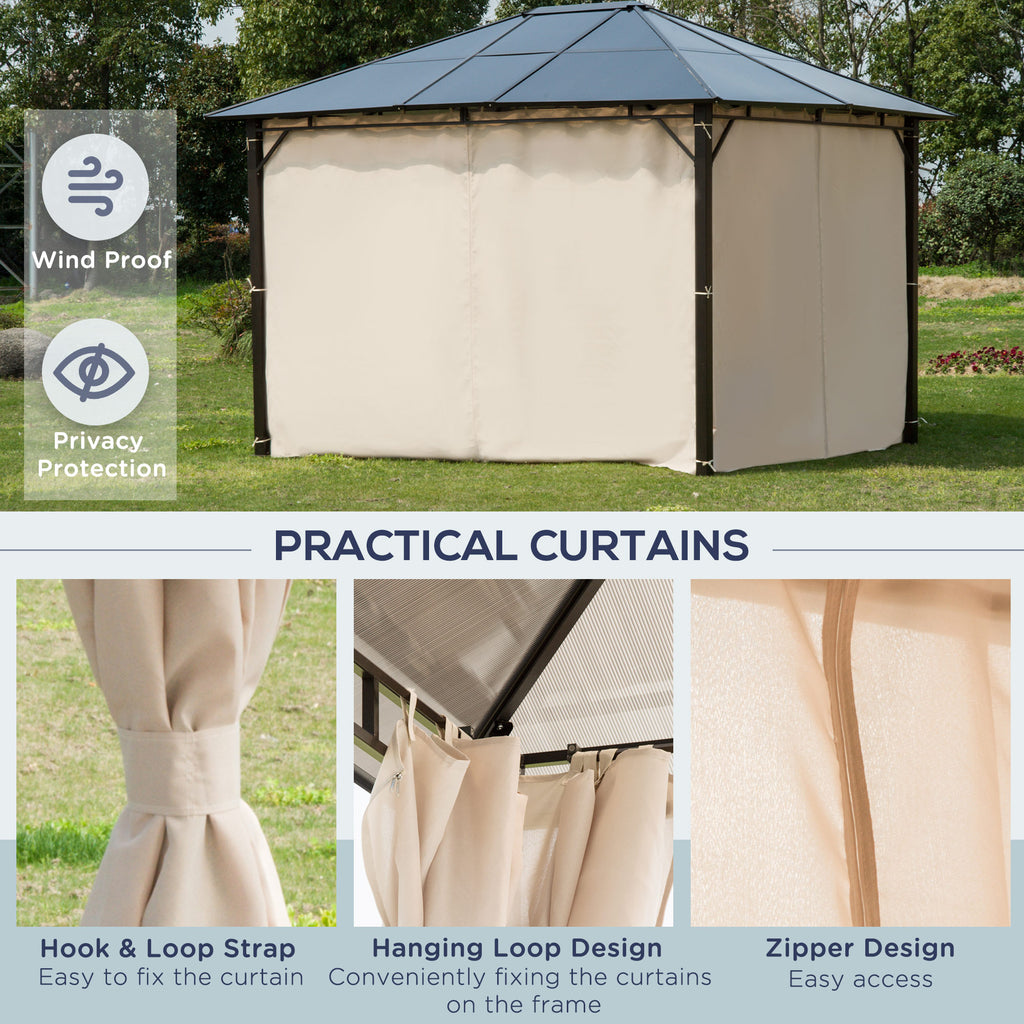 10' x 12' Hardtop Gazebo Canopy with Polycarbonate Roof, Aluminum Frame, Permanent Pavilion Outdoor Gazebo with Curtains for Patio, Garden, Backyard, Deck, Lawn, Dark Brown, Off-White