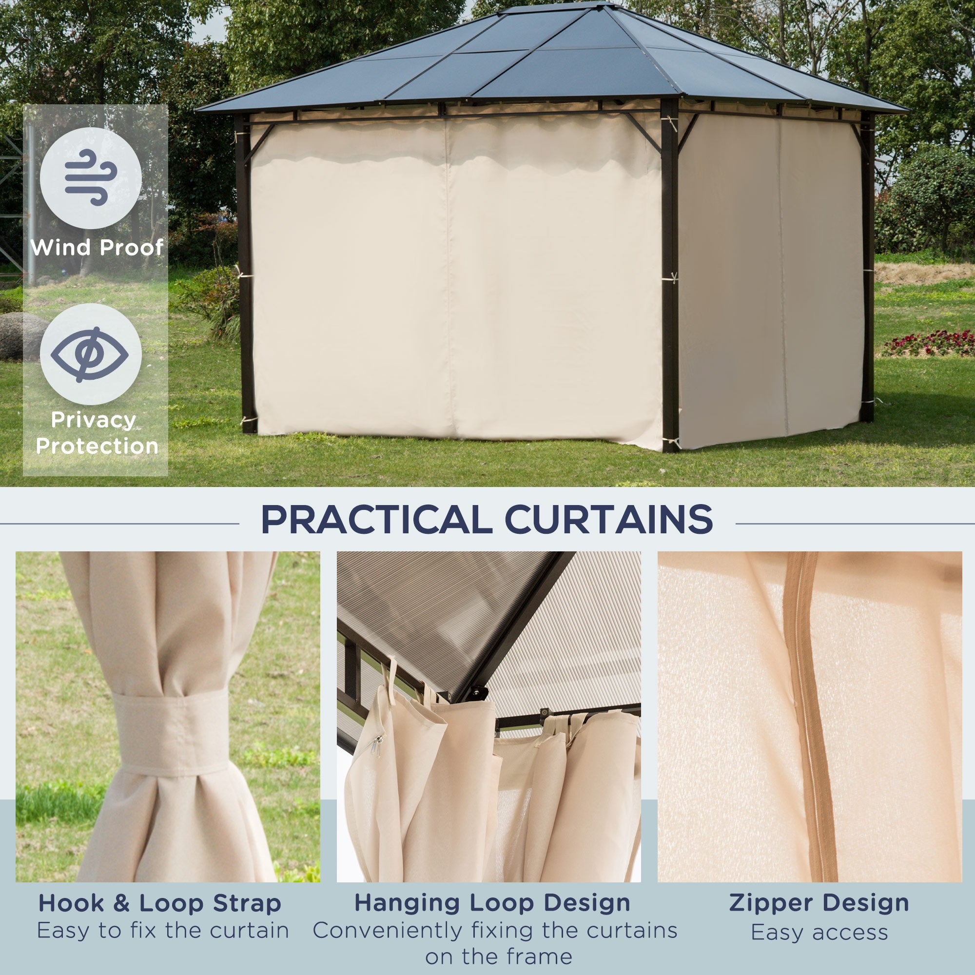 10' x 12' Hardtop Gazebo Canopy with Polycarbonate Roof, Aluminum Frame, Permanent Pavilion Outdoor Gazebo with Curtains for Patio, Garden, Backyard, Deck, Lawn, Dark Brown, Off-White