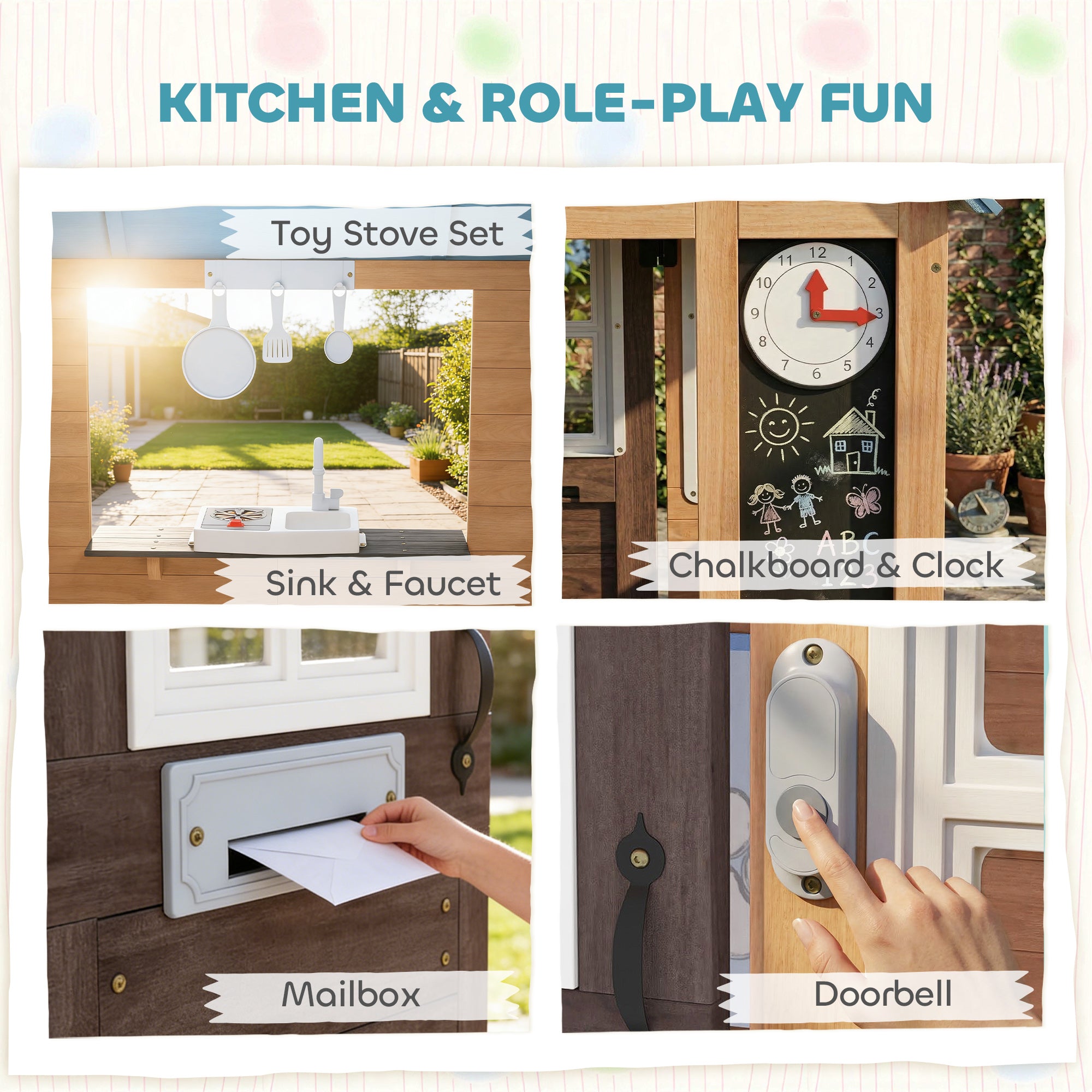 Wooden Kids Playhouse with Pet Door, Play Kitchen, Mailbox, Doorbell, Birdhouse, Fence and Windows for Pretend Play