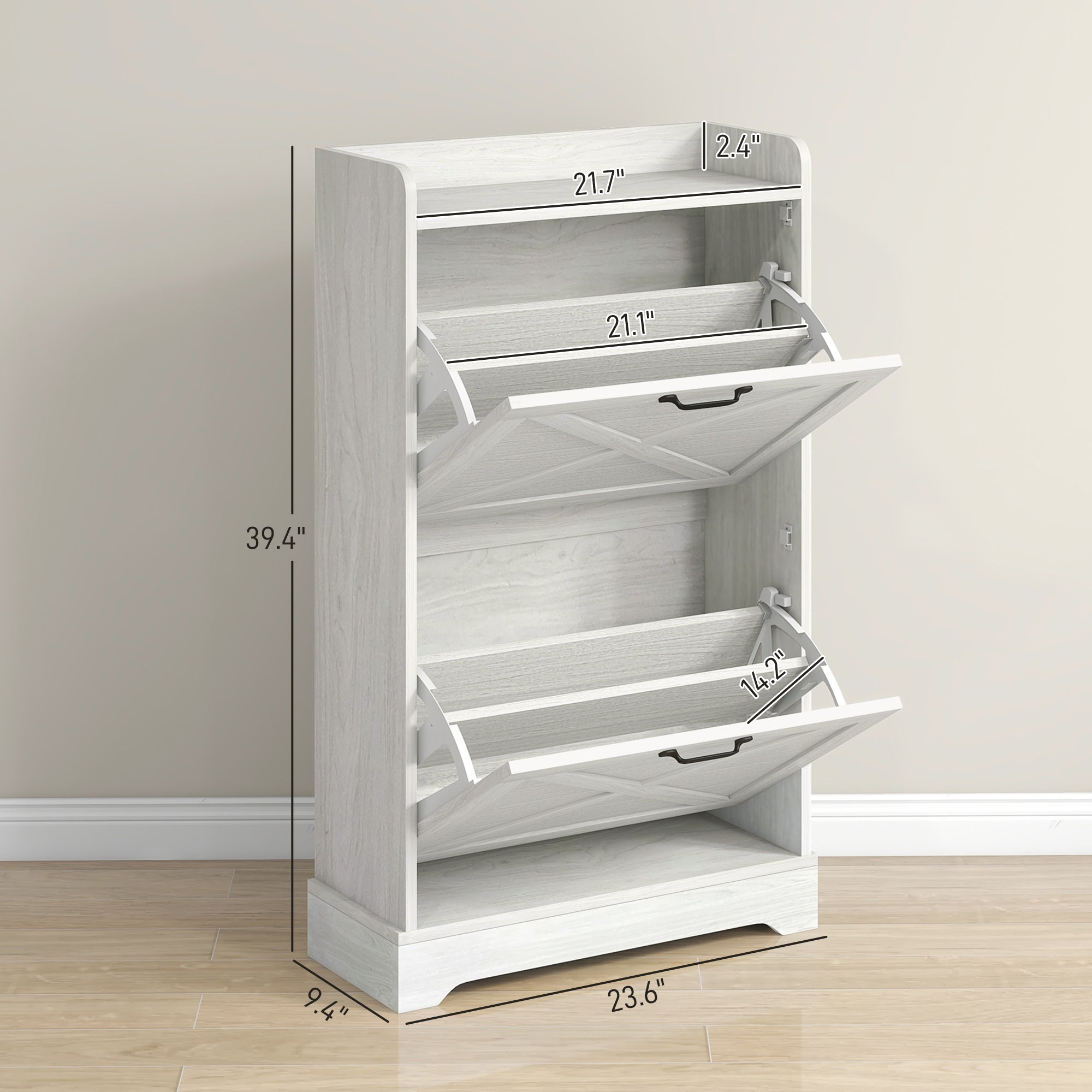 Slim Shoe Storage Cabinet, Farmhouse Shoe Cabinet with 2 Flip Drawers, Adjustable Shelves for 8 Pairs, Distressed White
