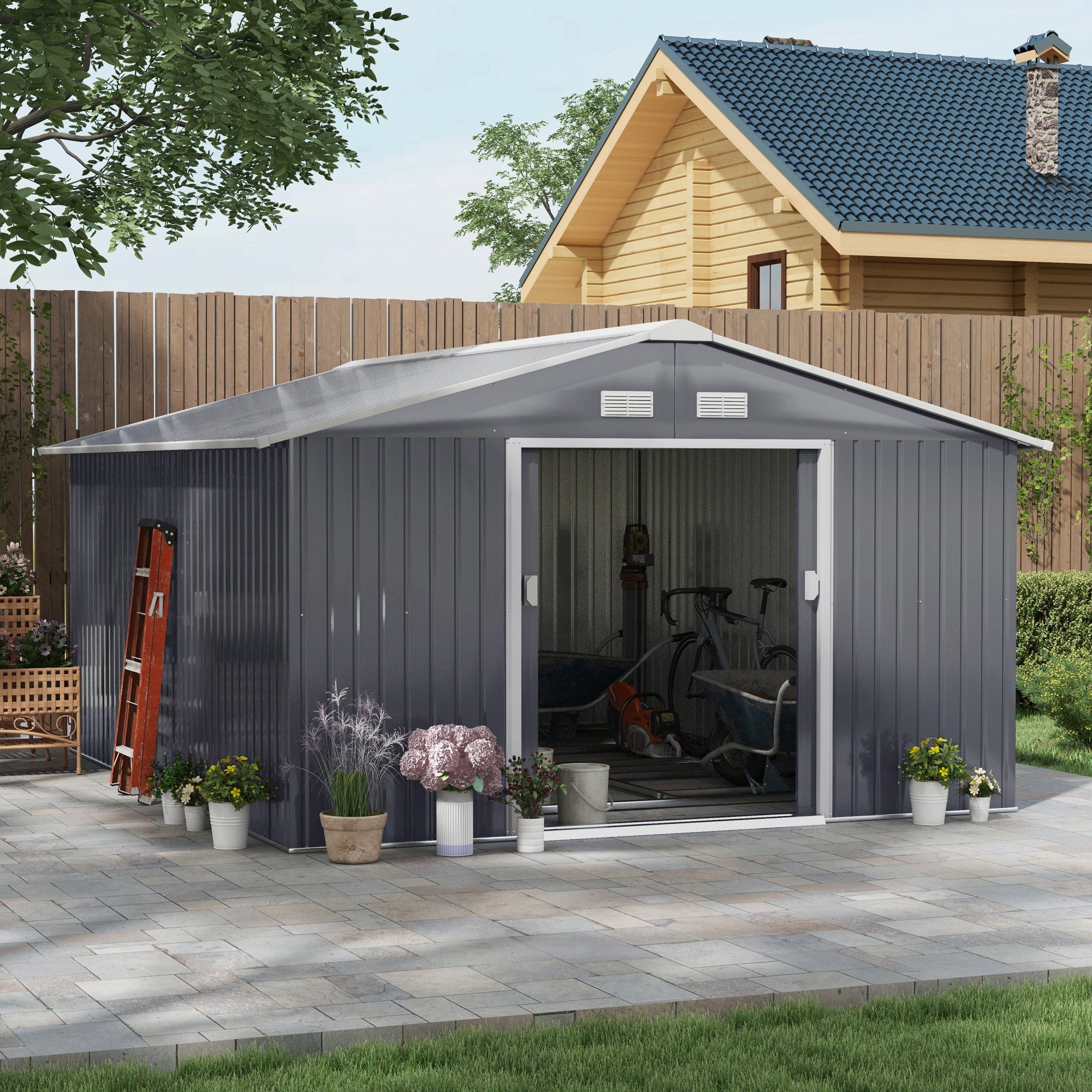11' x 13' Garden Metal Shed, Storage Shed Utility Storage with Double Locking Doors for Bike, Yard Tools, Dark Gray