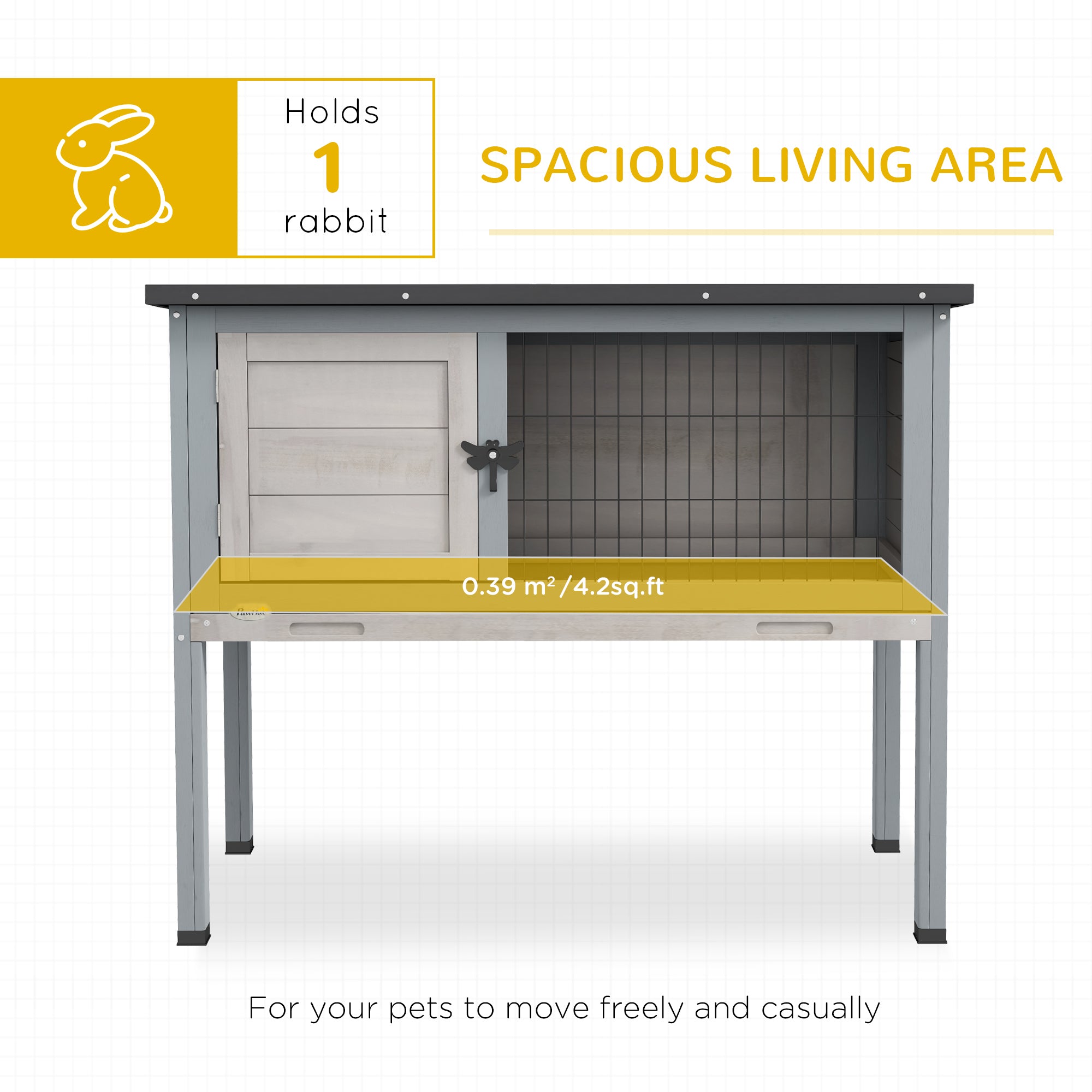 Elevated Rabbit Hutch, Wooden Bunny Cage with Hinged Asphalt Roof and Removable Tray, for Indoor/Outdoor, Gray