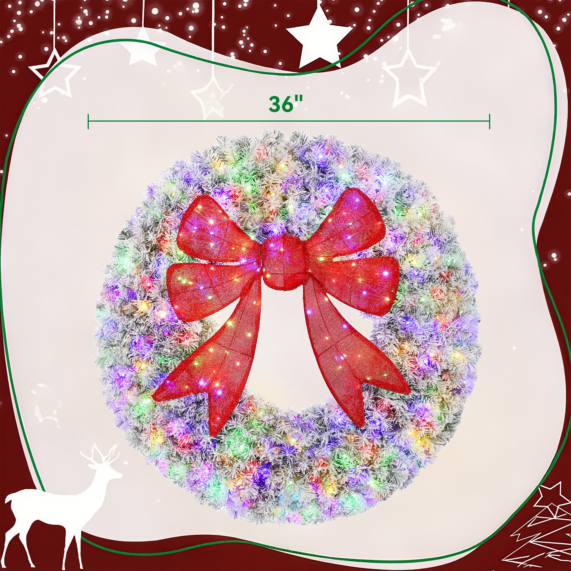 36in Flocked Pre-Lit Christmas Wreath with 3D Red Bow, 11 Lighting Modes, Front Door Christmas Wreath with Remote