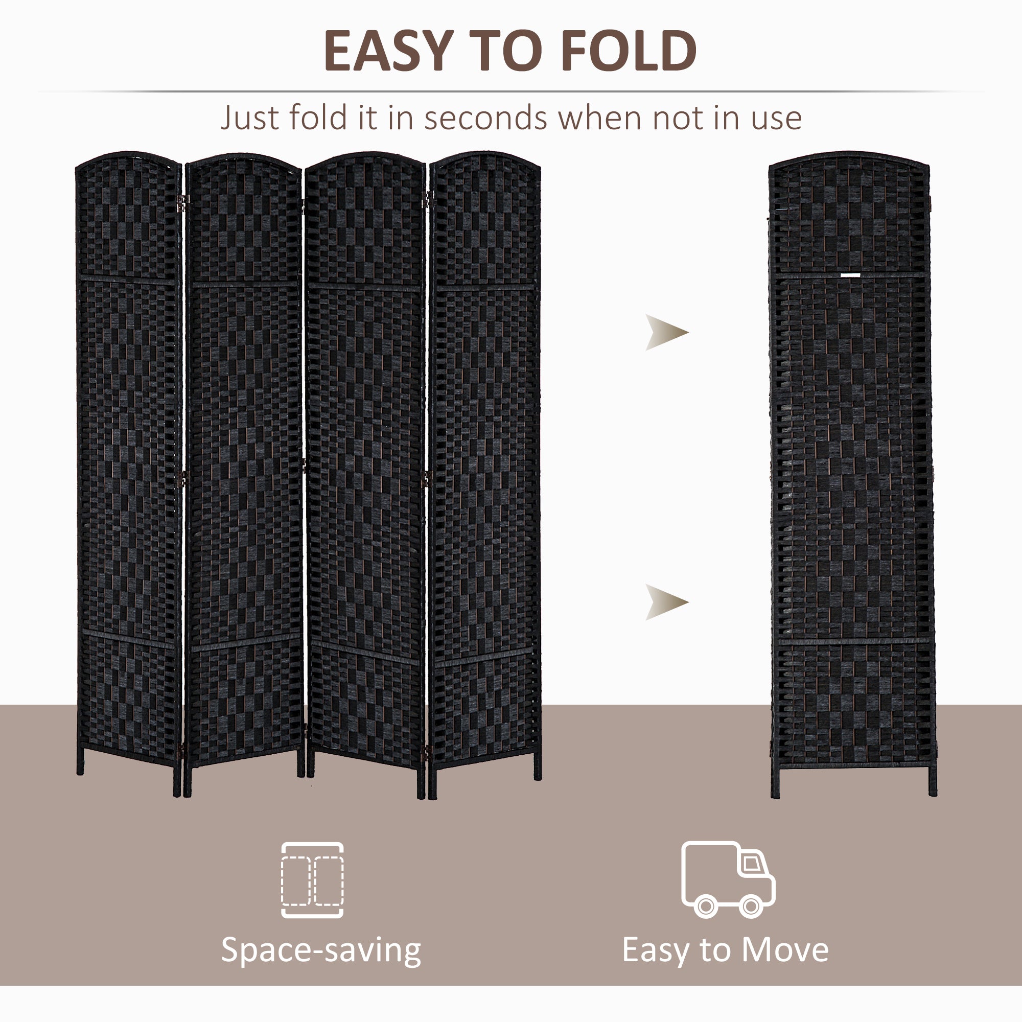 Room Divider 4 Panel, 6FT Tall Folding Privacy Screen, Freestanding Hand-Woven Partition for Room Separation with 360° Hinges, Paper Rope Diamond Weave, Black