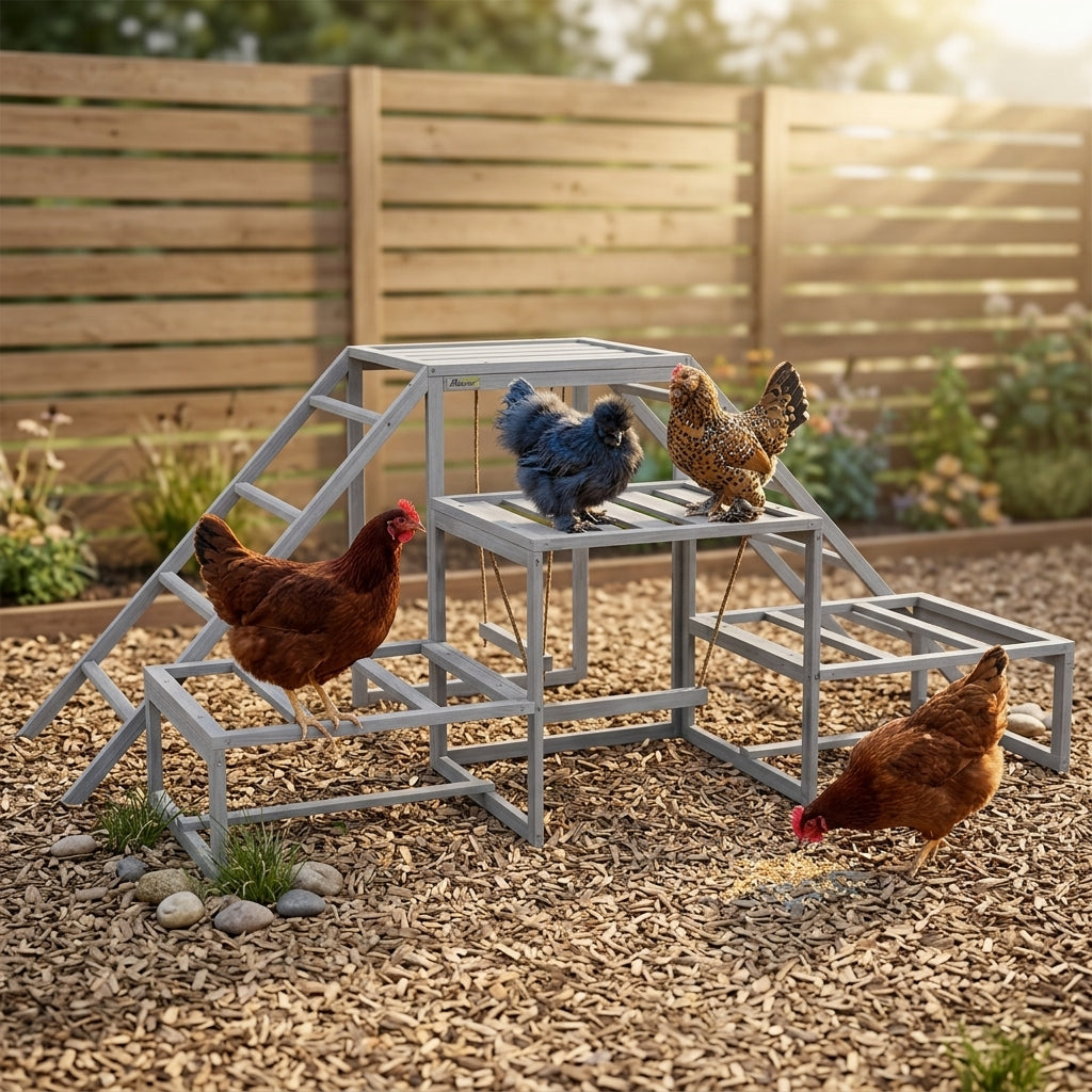 Chicken Roost Toys for Chickens Hens, Coop Accessories with Wood Stand, Ladder Platforms, for 10-15 Chickens