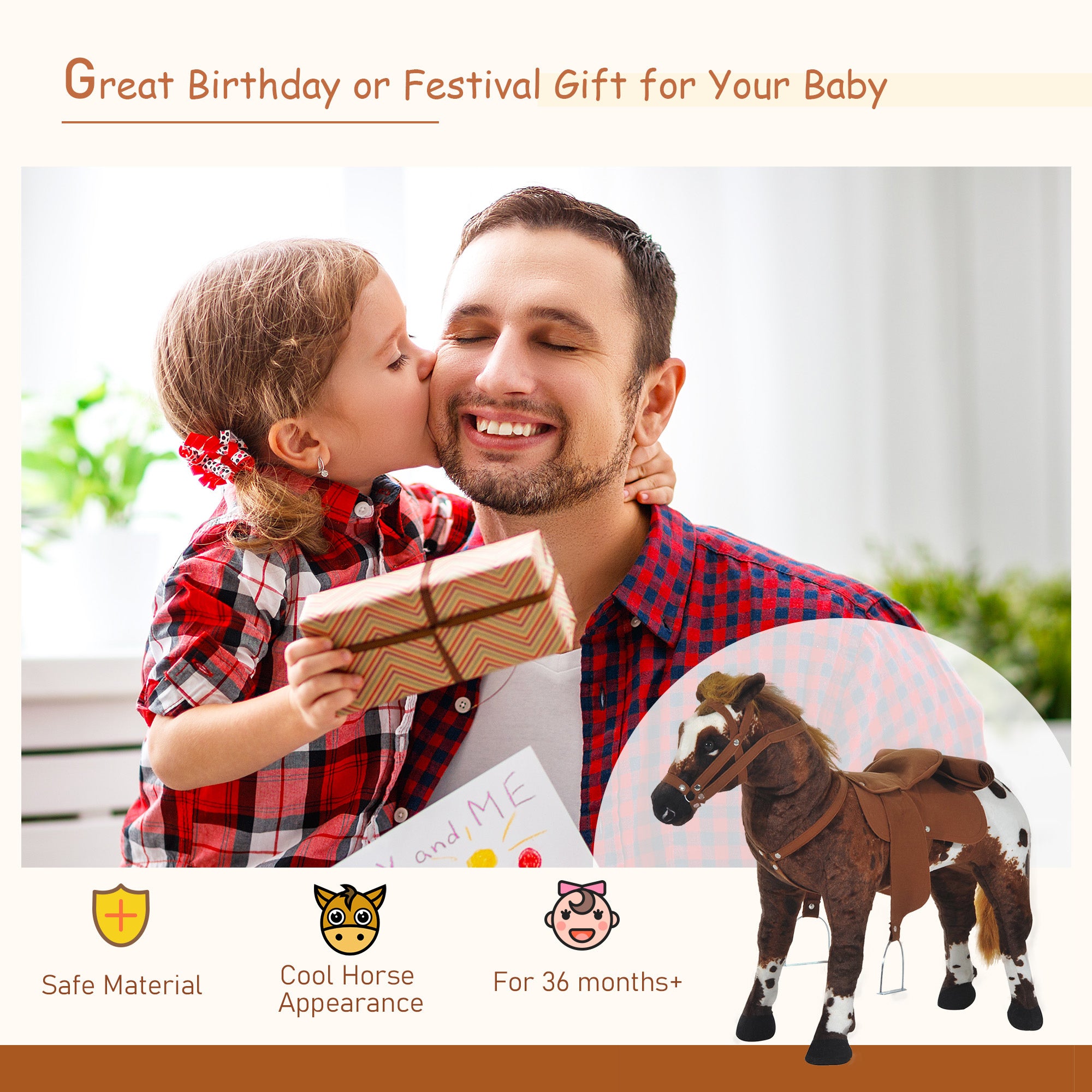 Sound-Making Ride On Horse for Toddlers 3-5, with Neighing and Galloping Sound, Stuffed Animal Horse Toy for Kids with Padding, Soft Feel, Brown